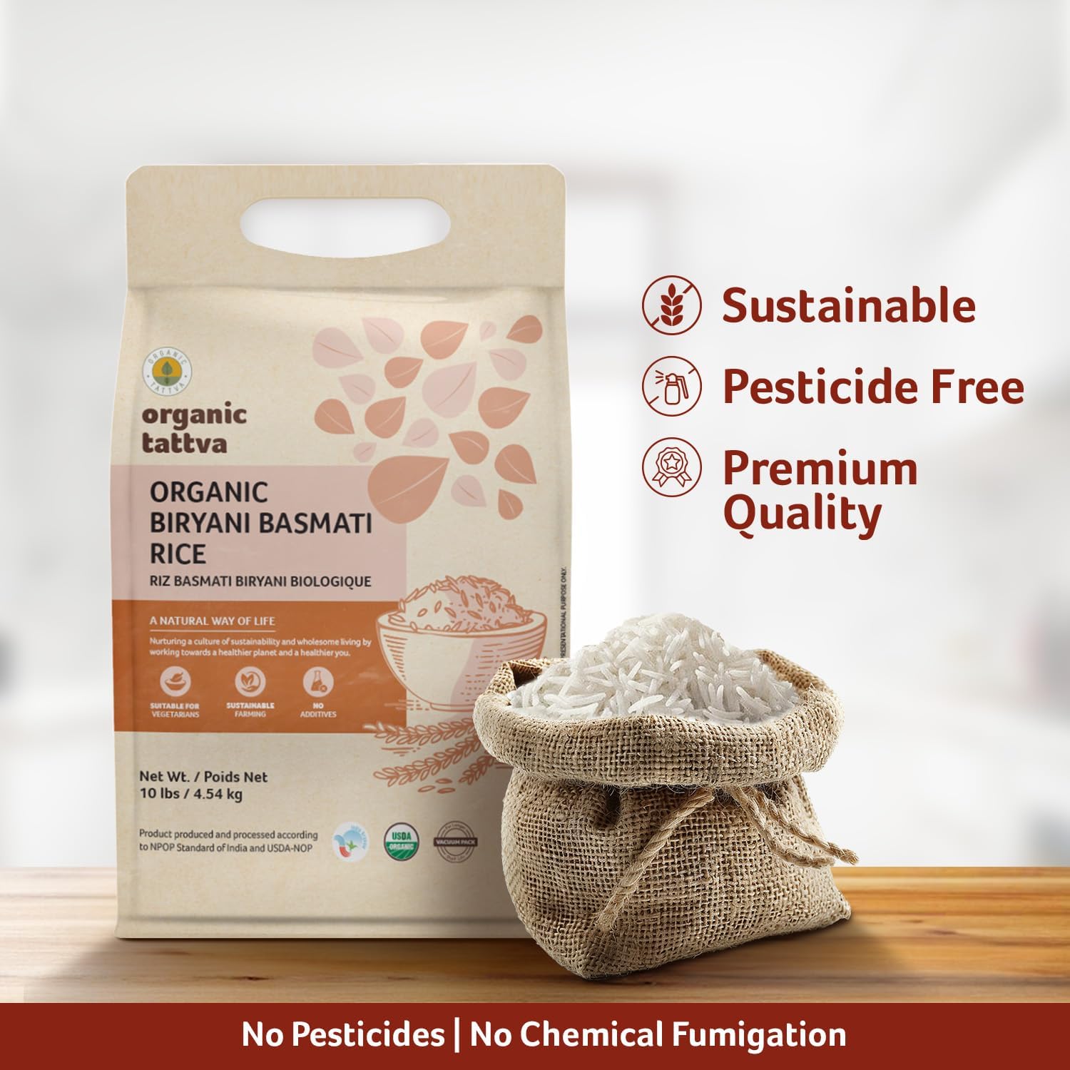 Organic Tattva Biryani Long Grain Basmati Rice (10 lbs) - Organic White Rice for Biryani - No Additive - Vegan - Non GMO - Gluten Free - USDA Certified