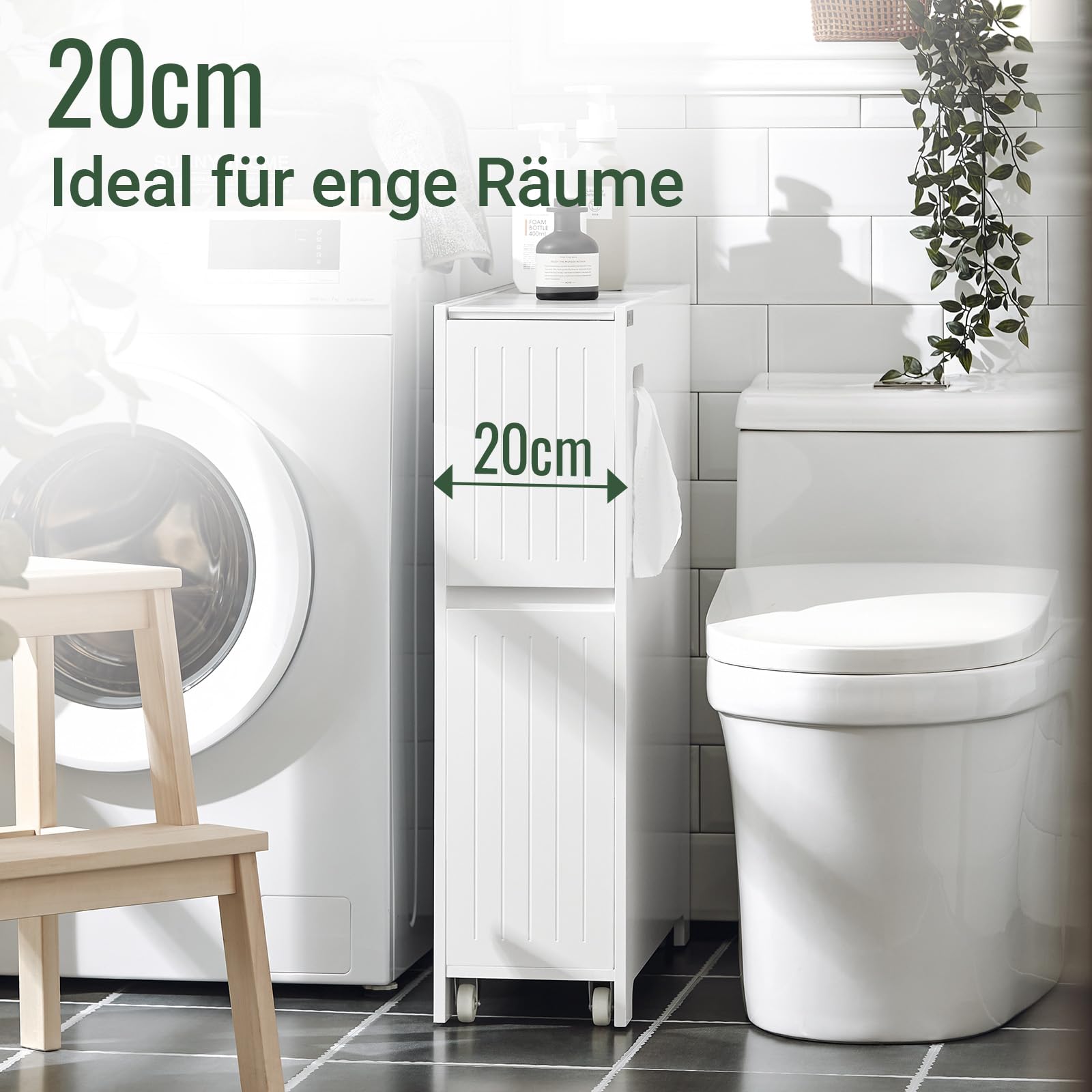 SoBuy Nischenregal 20cm – schmaler Badezimmerschrank mit Rollen Nischenwagen Rollwagen mit Schublade für Toilettenpapier-Aufbewahrung, Badmöbel aus Holz, Weiß, 20x75x60cm, BZR111-W