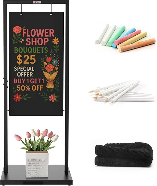 TOWON 20''x47'' Weatherproof Chalkboard Double-Sided, Indoor/Outdoor Swinging Board, Heavy-Duty Sandwich Board with Metal Hooks, Parallel Bar Frame for Cafes, Sidewalk Display, Florist, Wedding Events