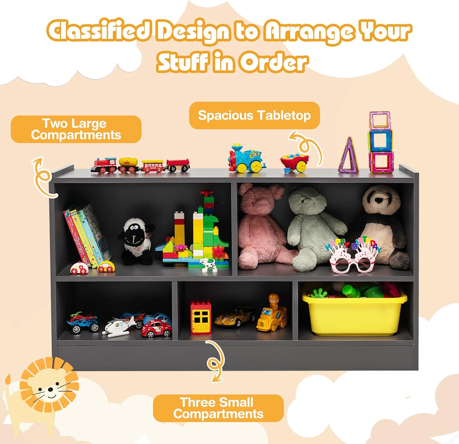 HONEY JOY Kids Toy Storage Organizer, 5-Section Storage Daycare Shelf for Preschool, Children 2-Tier Open Wooden Display Book Shelf Organizer for Classroom, Playroom & Nursery, Kindergarten(Dark Gray)