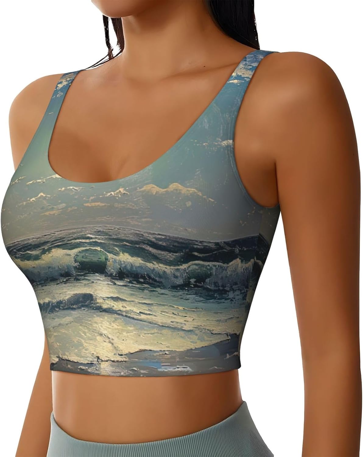 Moon and Sea Print High Impact Sports Bras,Longline Sports Bra,Perfect for Yoga,Running and Gym Workouts