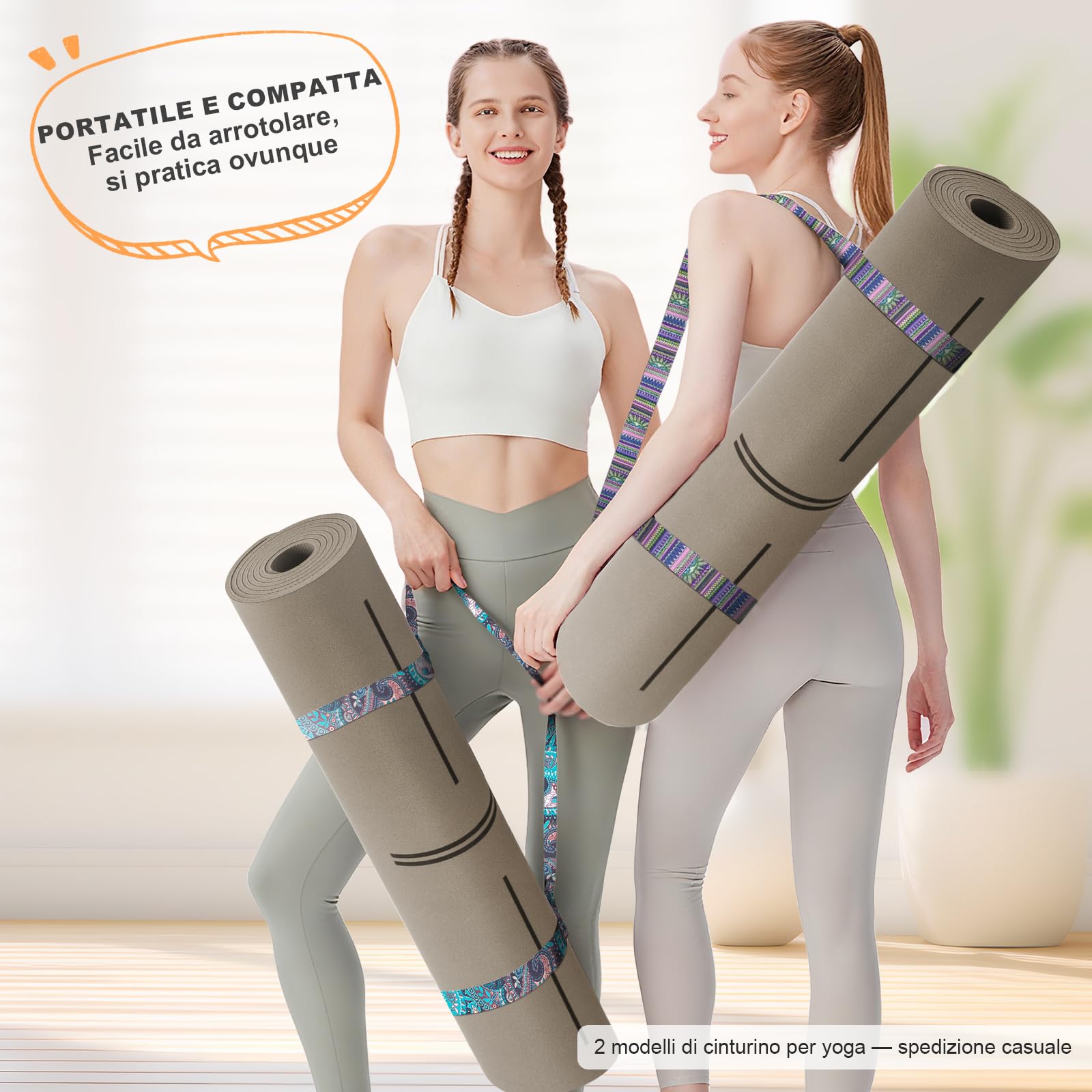 Tappetino Yoga Antiscivolo Spesso, con segni di allineamento del corpo, Gomma naturale + TPE ecologico o PU, Delicato sulla pelle, Forte presa, con Cinghia, per Yoga, Pilates e Fitness