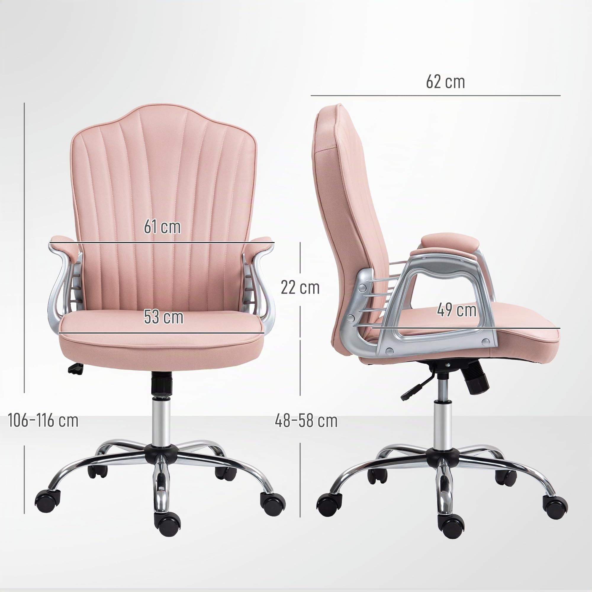 HOMCOM Silla de Oficina Silla de Escritorio Giratoria Reposabrazos Rosa | Altura Ajustable, Respaldo Curvado, Función de Basculante