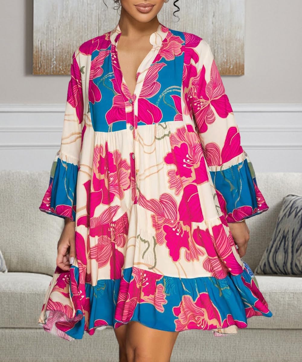 knowfashionstyle Womens Dresses 2025 Summer Boho Floral Button Tunic V Neck Dress Casual Long Sleeve Flowy Loose Shirt Dress - Image 2