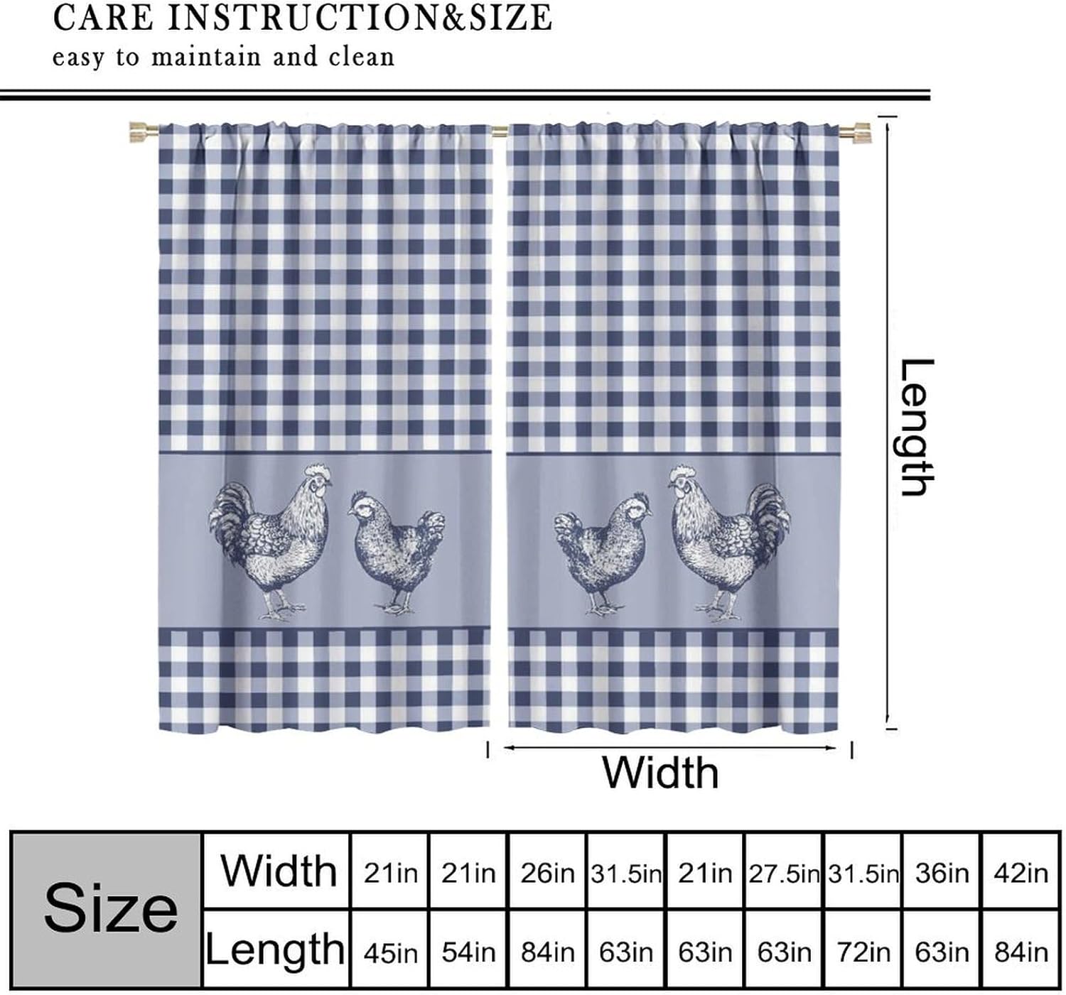 Farm Rooster Blackout Curtains Rustic Retro Farmhouse Animals Blue White Buffalo Plaid Art Printed Bedroom Living Room Bathroom Rod Pocket Decoration Window Drapes 2 Panels W21xL45in