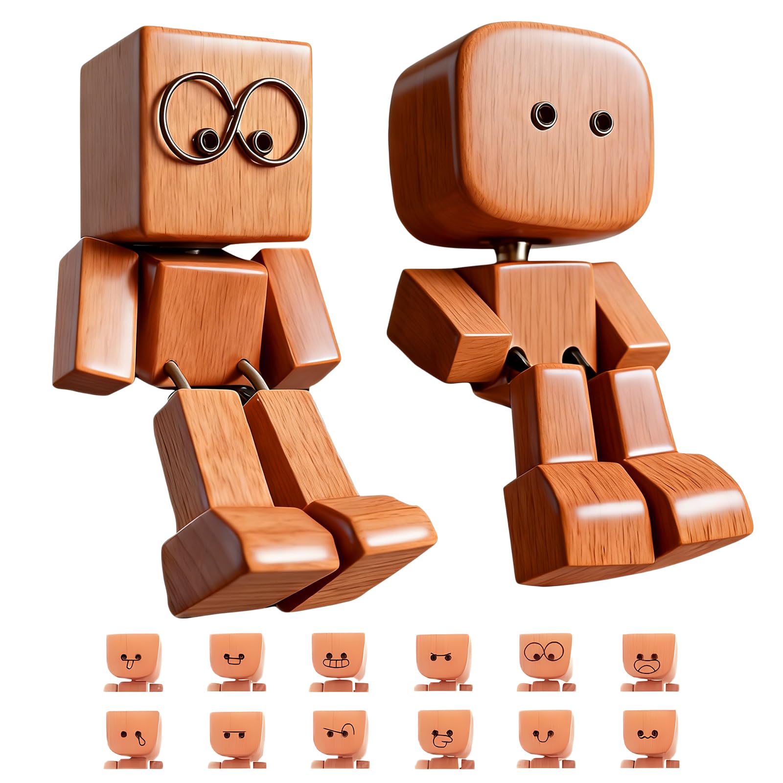Heuiop Walnut Color 2 Pcs Shaking Wooden Man Figurine With 12 Magnetic Expressions,Handmade Wooden Man With Wobbly Legs For Car,Creative Dashboard Bobblehead For Drivers Friends & Desk Decor