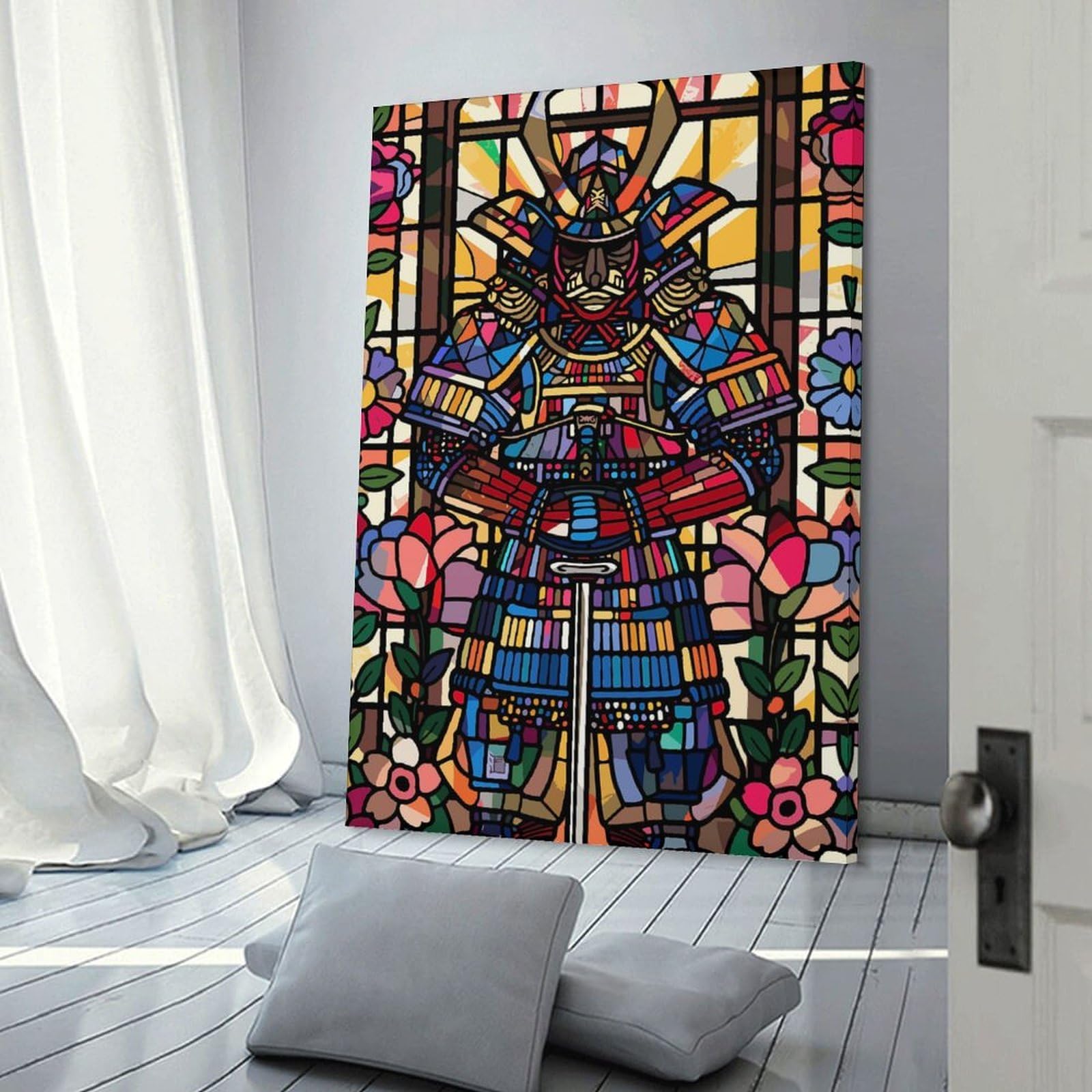 Junmoney Room Decor Wall Art Samurai in Stained Glass with Flowers, 16x24inch(40x60cm), for Hallway, Bedroom Or Modern Interiors, Gift Idea for Housewarming And Birthdays