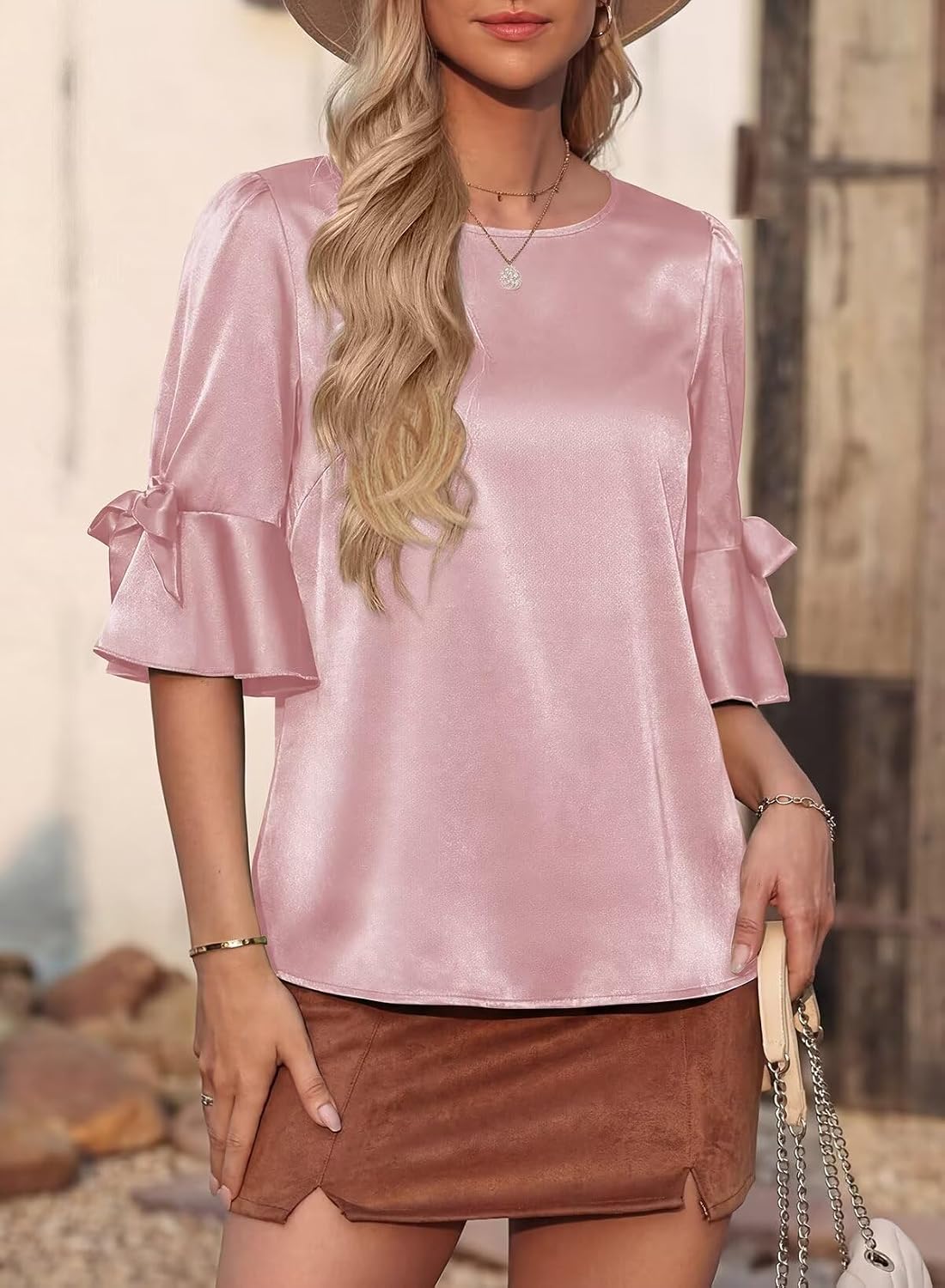 Falechay Womens Summer Tops Dressy Casual Round Neck Tunic Ruffle Half Sleeve Bow Blouses Loose Fit Silk Satin Shirts