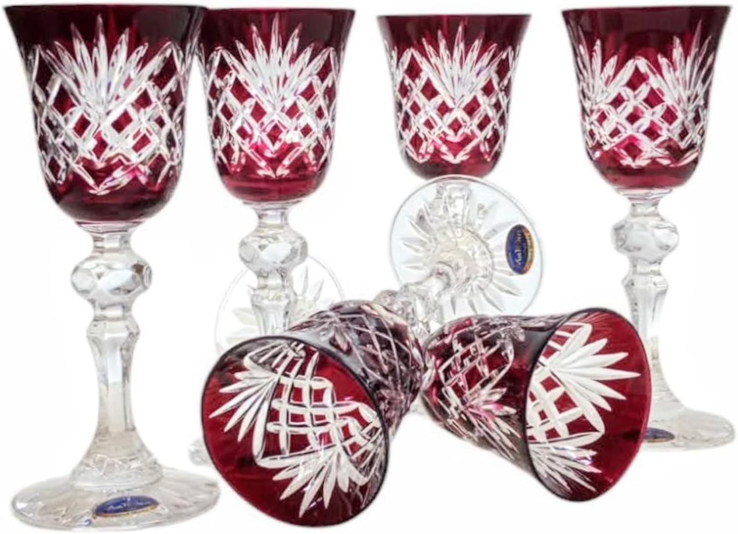 MaRika Crystal Liqueur Glasses 60ml - Set of 6 Ruby Red Hand Decorated Elegant Glass for Liquors and Spirits - Gift Idea