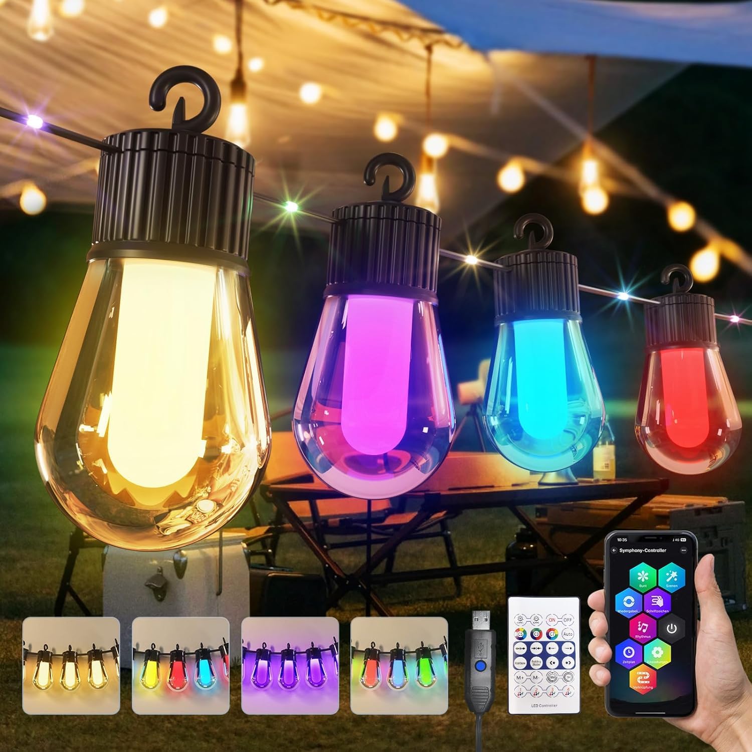 Guirlande lumineuse LED d'extérieur multicolore 15 m - 20 ampoules RVB S14 - Application intelligente avec 99 modes et minuterie (multicolore)