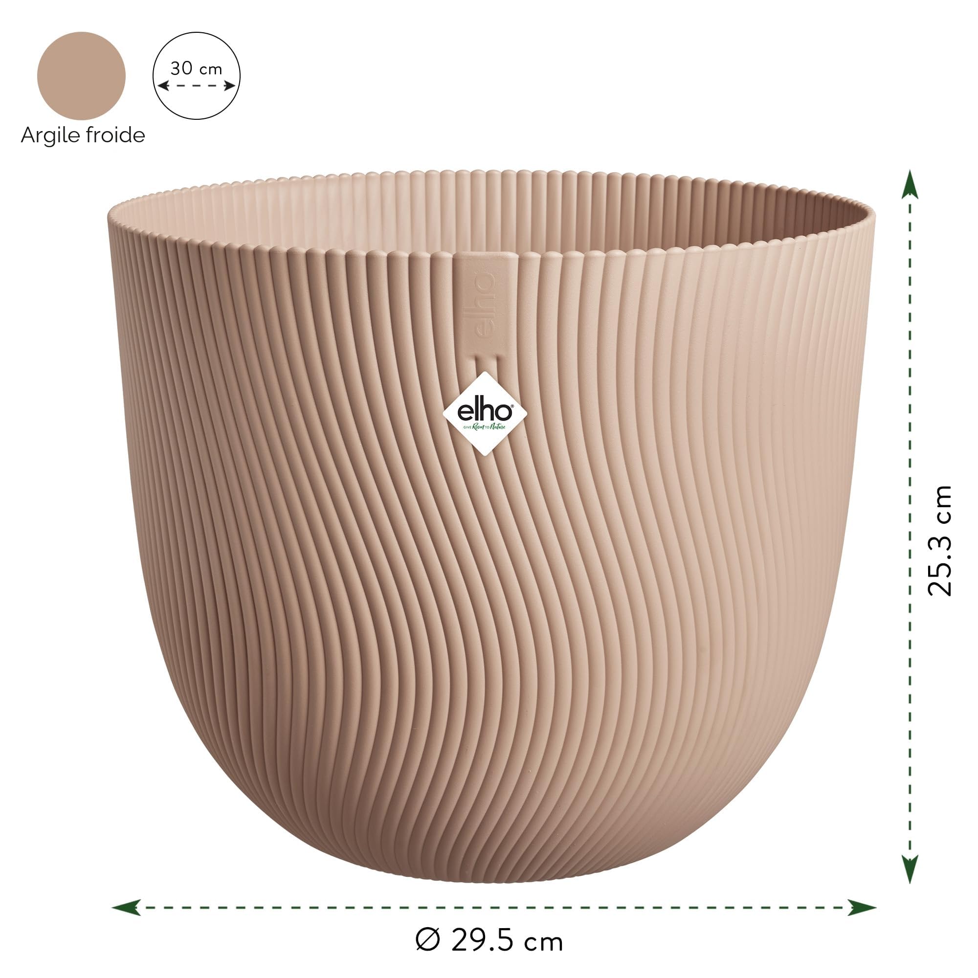 Elho Sereh Round 30 - Pot de Fleur - Interieur & Extérieur - Plastique 100% Recyclé - Ø 29.5 x H 25.3 cm - Cool Clay