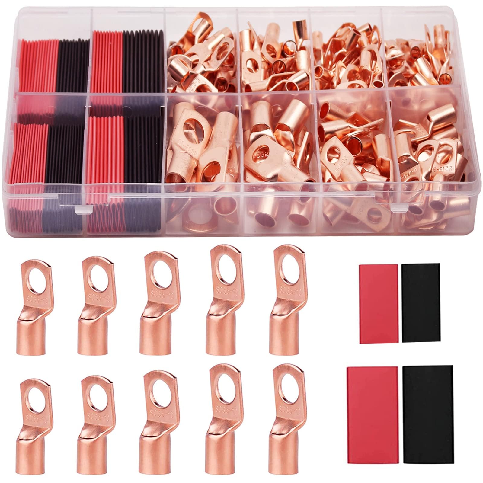 MTROYALDIA 160Pcs Copper Wire Lugs AWG2 4 6 8 10 12 with Heat Shrink Set, 80Pcs Battery Cable Ends Ring Terminals Connectors Tubing Assortment Kit-image-18