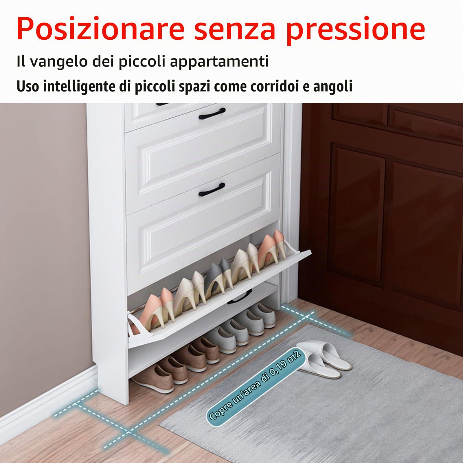 Scarpiera Chiusa Bassa da Ingresso, Salvaspazio Slim in Legno, Organizzatore Indipendente per Corridoio/Armadio, Bianco