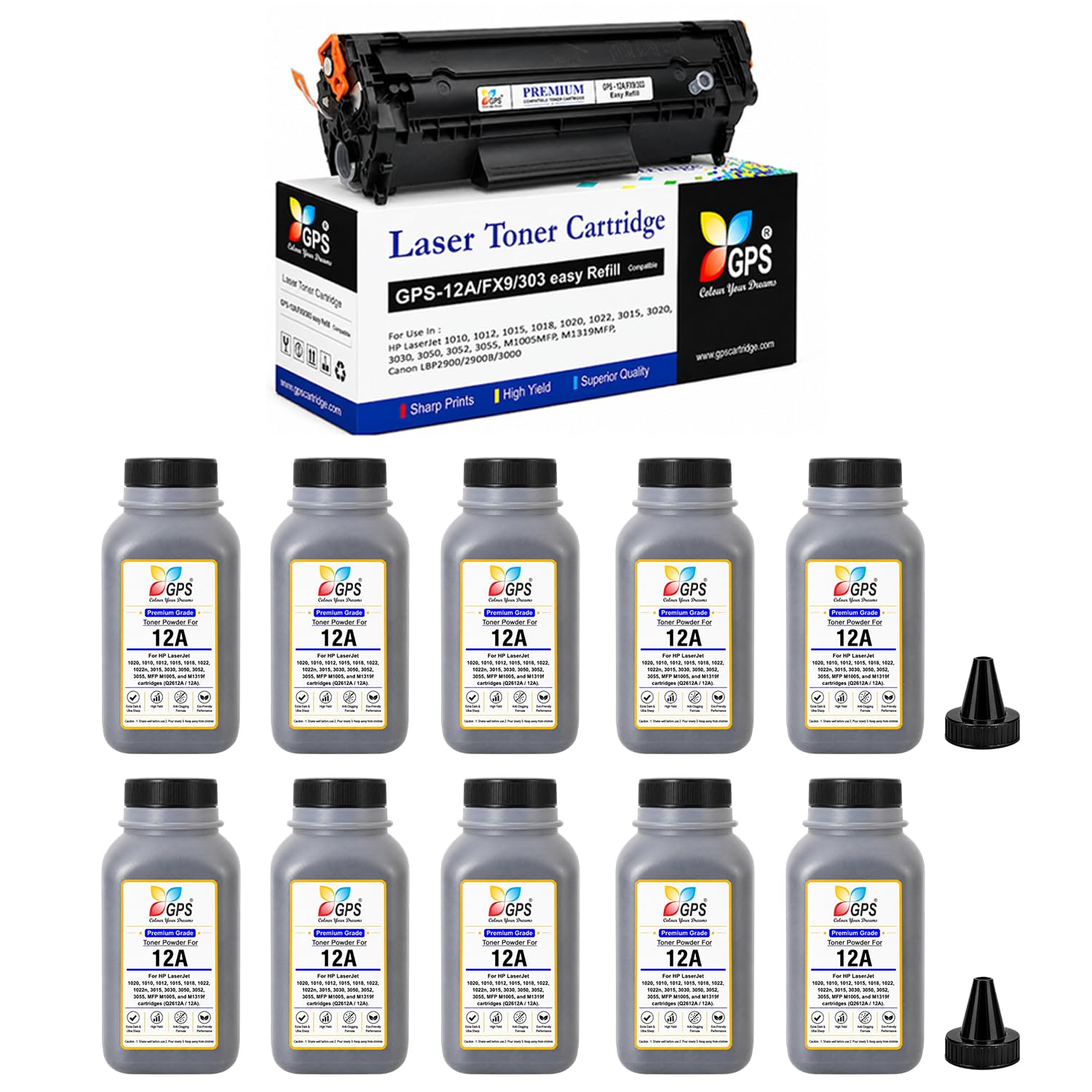 GPS 12A Easy Refill Toner Cartridge with 10 Powder Bottles (100g x 10) Compatible for HP LaserJet 1020 Plus, M1005, 1018 & Canon LBP 2900, 3000 | Black Combo Kit | Yield: 22,000 Pages Total-image-31