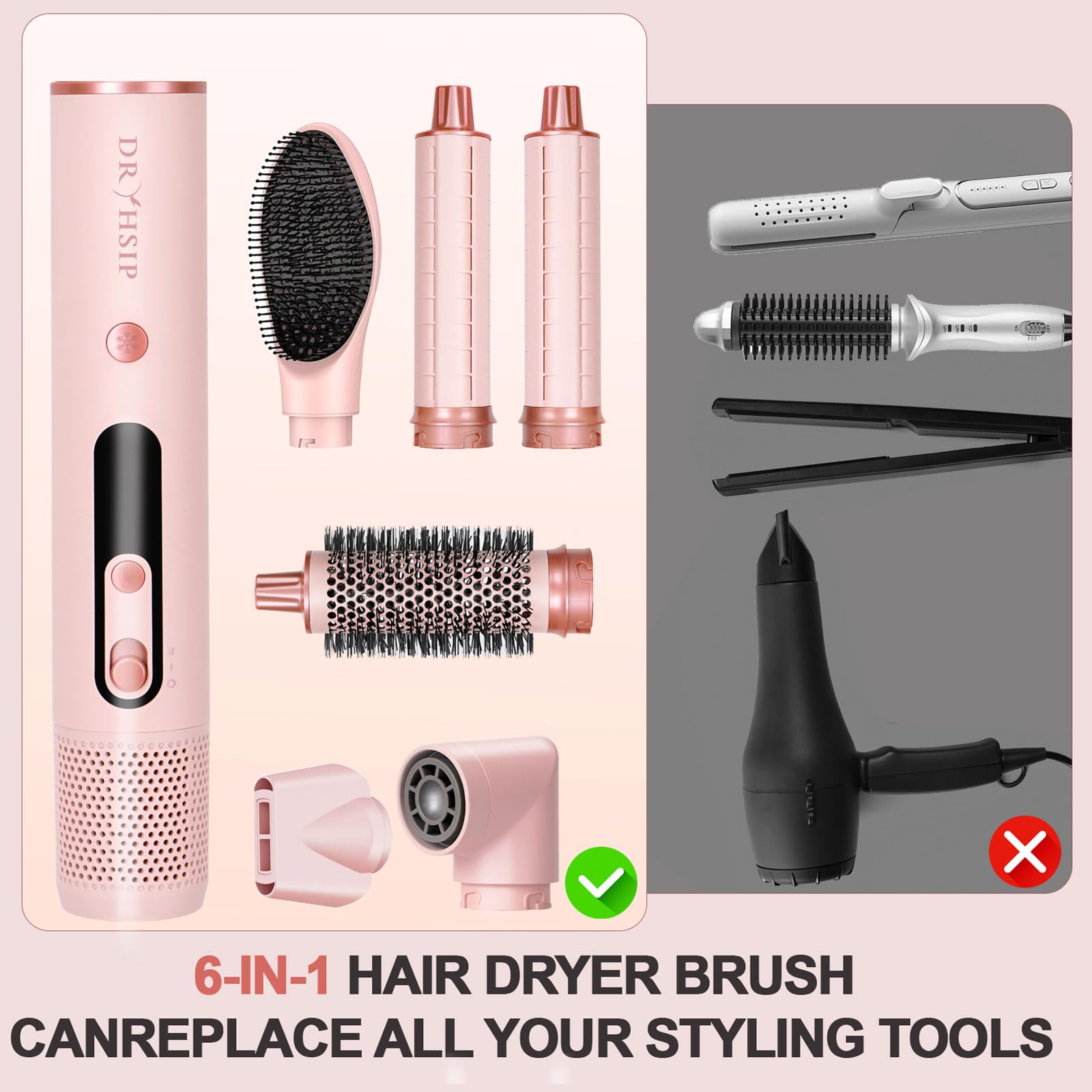 Dryhsip Warmluftbürste, 6 in 1 Hairstyler, Föhnbürste mit Negativ-Ionen-Technologie, Airstyler mit Diffuser Haare Föhn, Glätten,Lockenstab Automatisch, Haarglätter,Flex Temperaturen, Eurostecker