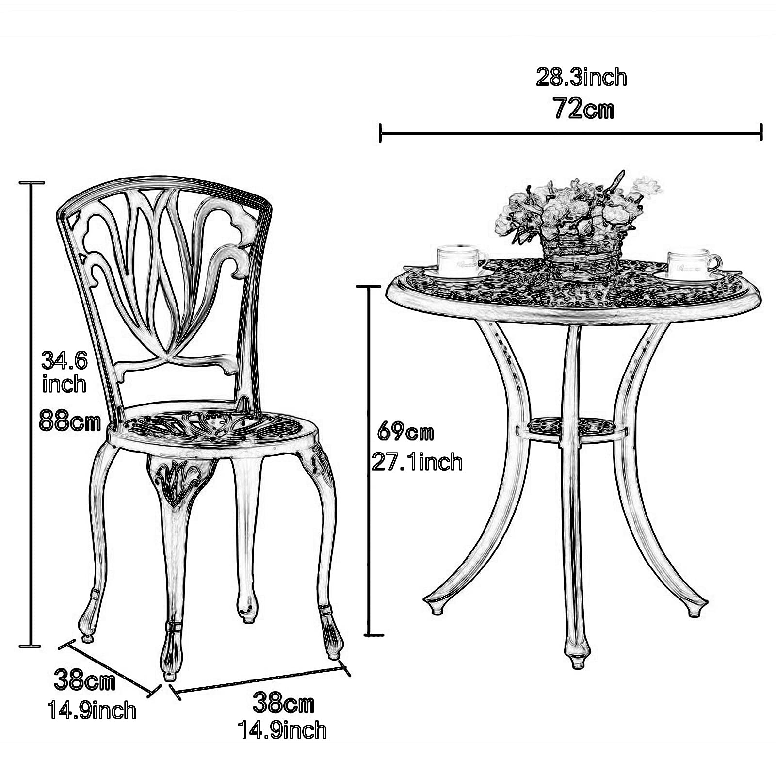 Set da bistrot in Alluminio pressofuso Resistente alle intemperie, 3 Pezzi, con Foro per ombrellone, Set di mobili da Giardino con Piedini Antiscivolo Regolabili, Tavolo e sedie da Giardino