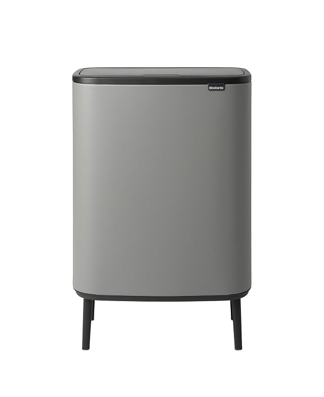 Brabantia Bo Hi Touch Top Trash Can - 16 Gal Inner Buckets Mineral Concrete Gray Waste Recycling Garbage