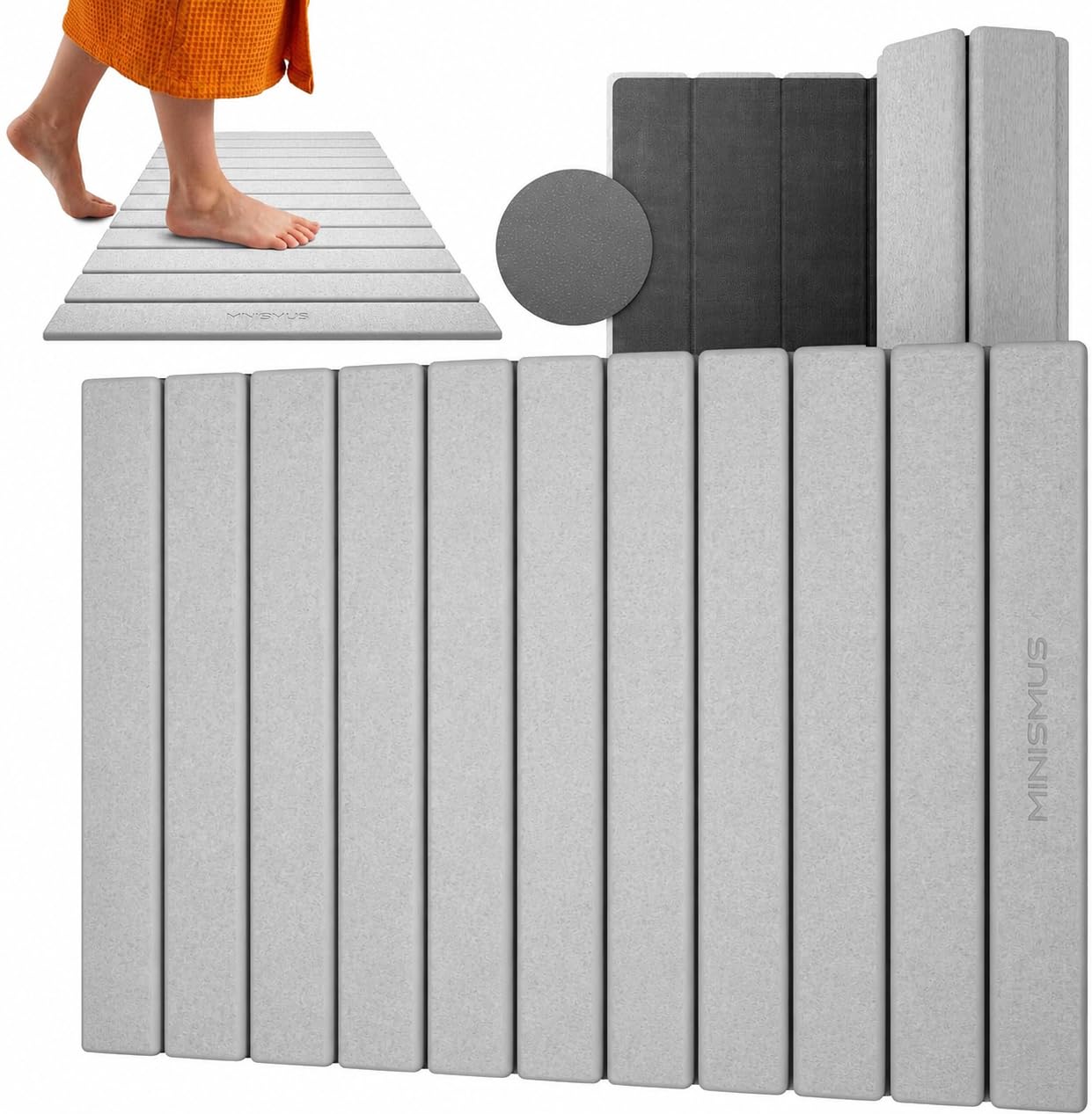 Minismus Tapis de Bain Enroulable en Diatomite 60x40cm- Tapis Pierre Absorbante et Antidérapant - Tapis de Douche Séchage Rapide Sortie de Douche (Gris Clair)