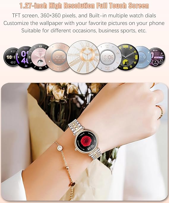 Smart Watch for Women 1.27 Color Screen Waterproof Fitness Activity Tracker Rose Gold Women's Smart Watch with Heart Rate Sleep Monitor for Android and iOS (Two-Tone Rose Gold Steel RT-i109)