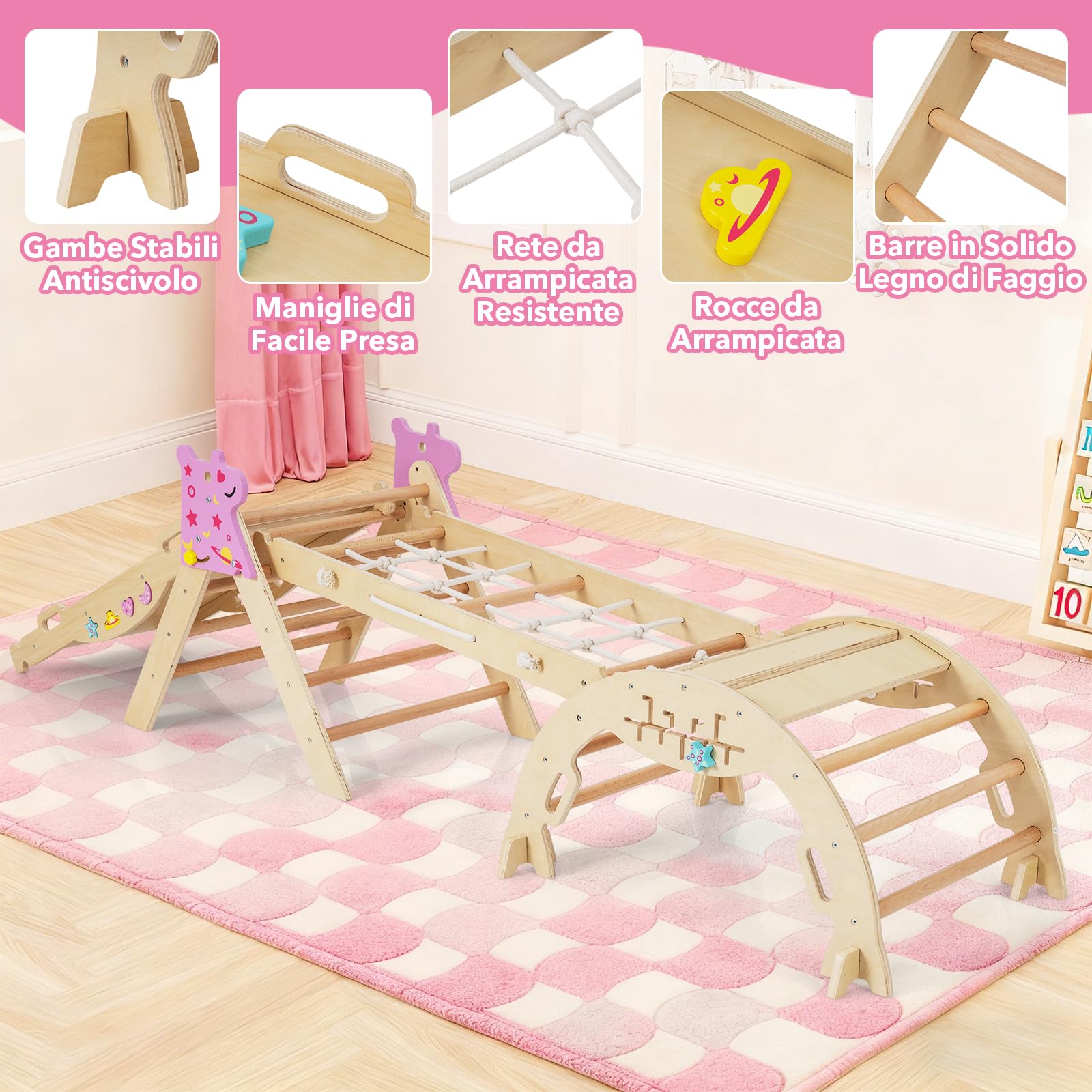 RELAX4LIFE Set da Arrampicata per Bambini, Triangolo di Arrampicata con Scivolo e Arco, Gioco di Incastri in Legno, Gioco Montessori per Bambini 1+ Anni