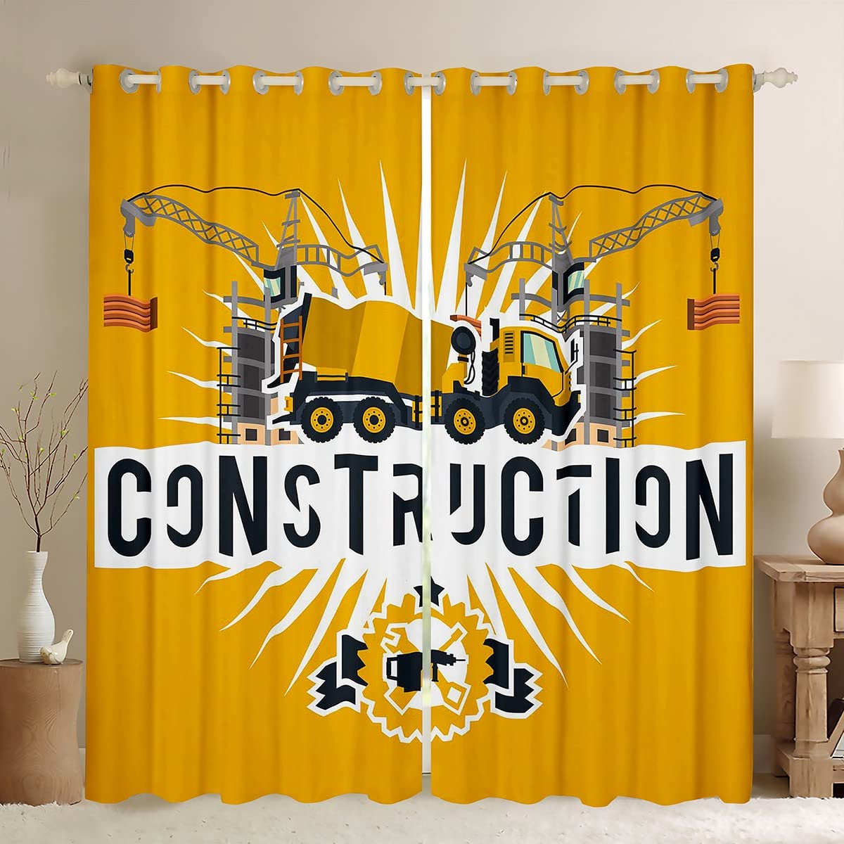 Cortina de Excavadora para niños, construcción de vehículos, Cortina de oscurecimiento para niños, maquinaria Pesada, Coches, Cortina Opaca (30%-50%), Equipos, Camiones, Cortinas de Ventana de 66 x 9