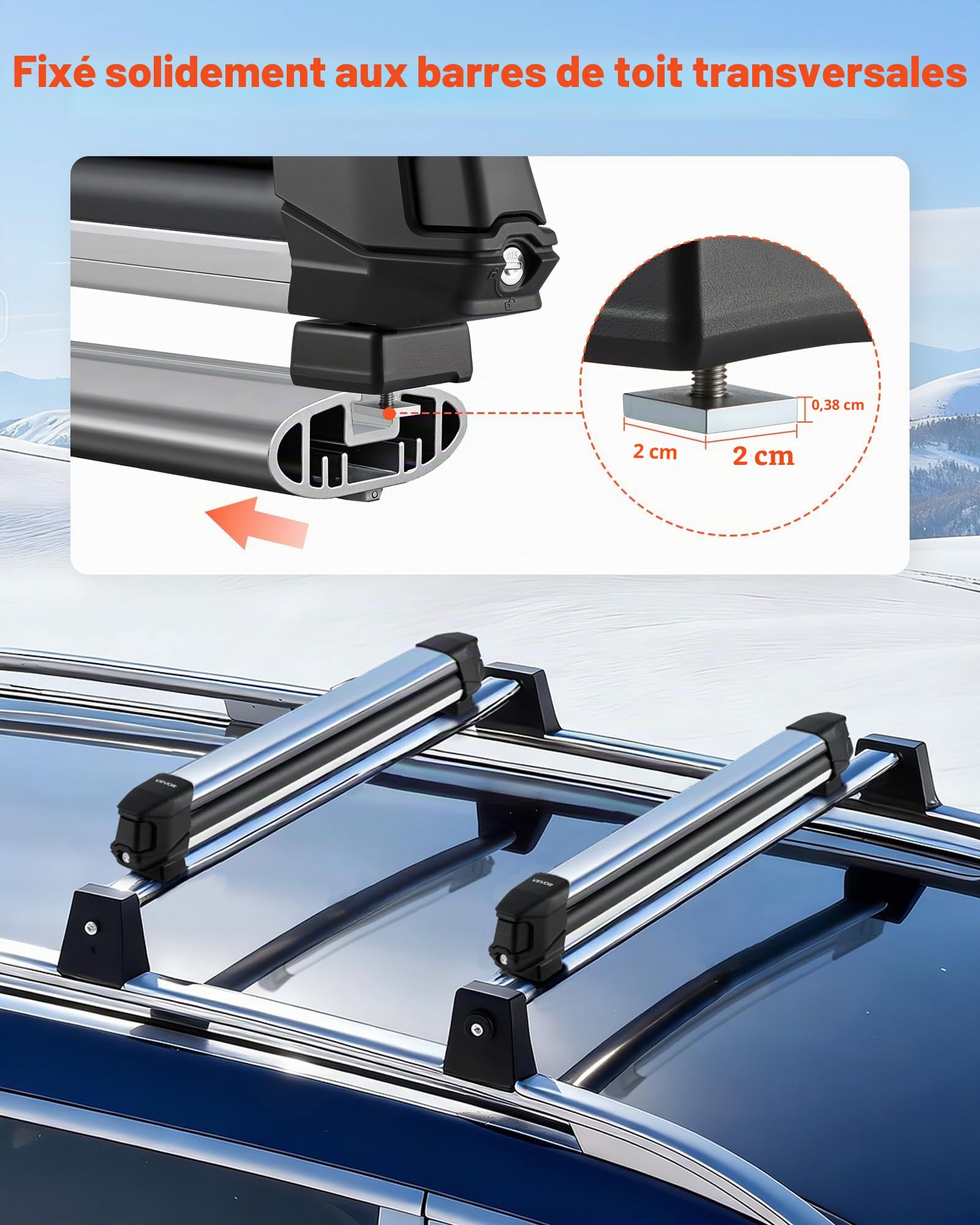 VEVOR Porte-Skis sur Barre de Toit, 2 pcs, Support pour Planche à Neige Universel en Alu avec verrou, pour 6 Paires de Skis ou 4 Planches, Compatible avec la Plupart des Barres transversales à Fentes