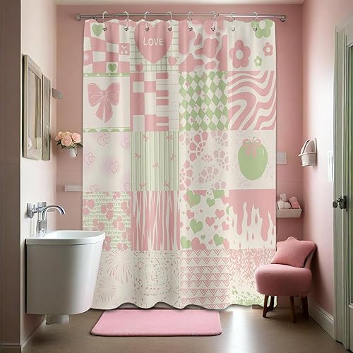 Miniatura 16 de Bonita cortina de ducha rosa Y2k Preppy Kawaii para niñas, decoración de baño a cuadros, tela impermeable con ganchos, 70 pulgadas de ancho x 72