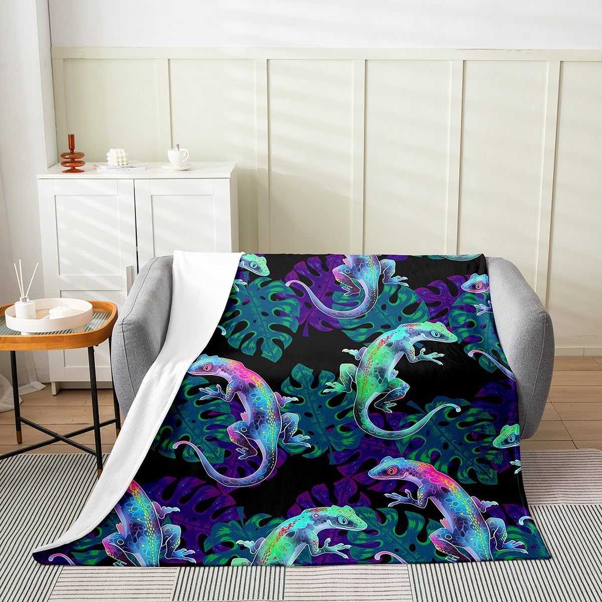 Erosebridal Gecko Blanket, Lizard Throw Blanket Queen 90x90, Tropical Monstera Fleece Blanket, Reptiles Animal Theme Fuzzy Blanket for Kids Boys Girls Adult Bedroom Living Room, Green Purple Black