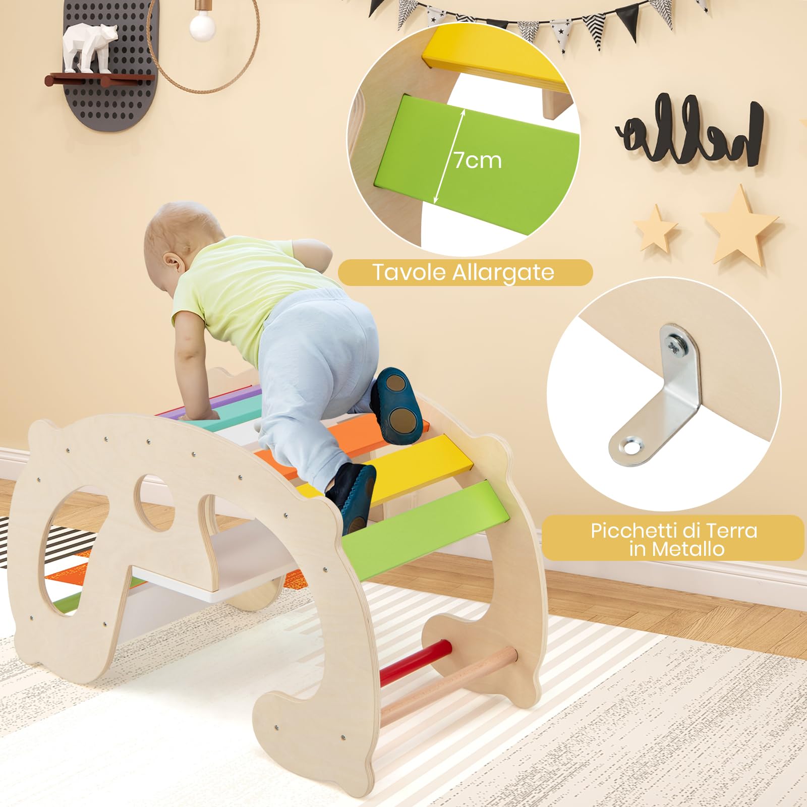 GYMAX 2 in 1 Arco a Dondolo per Bambini, Set Arrampicata Montessori e Cavallo a Dondolo in Legno con Schienale e Sedile, Giostra Interna in Palestra per Giochi Didattici, Regalo per Ragazzi 1+ Anni