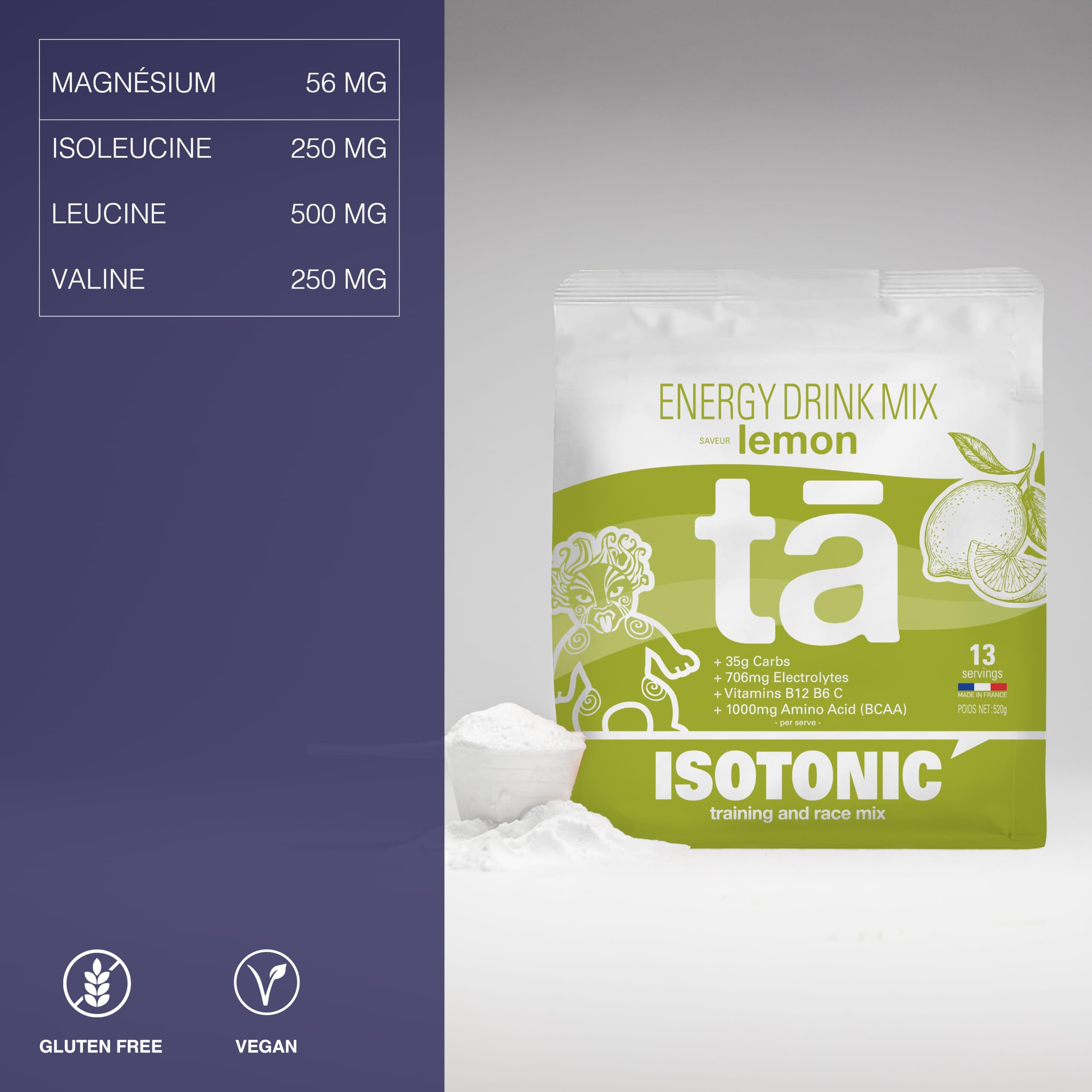 Boisson Énergétique fabriquée en France. Apport en Glucides, Electrolytes (sodium, magnésium, potassium) Vit (C, B6, B12) et BCAA. Sac de 520g soit 13 bidons de 500ml (Citron)