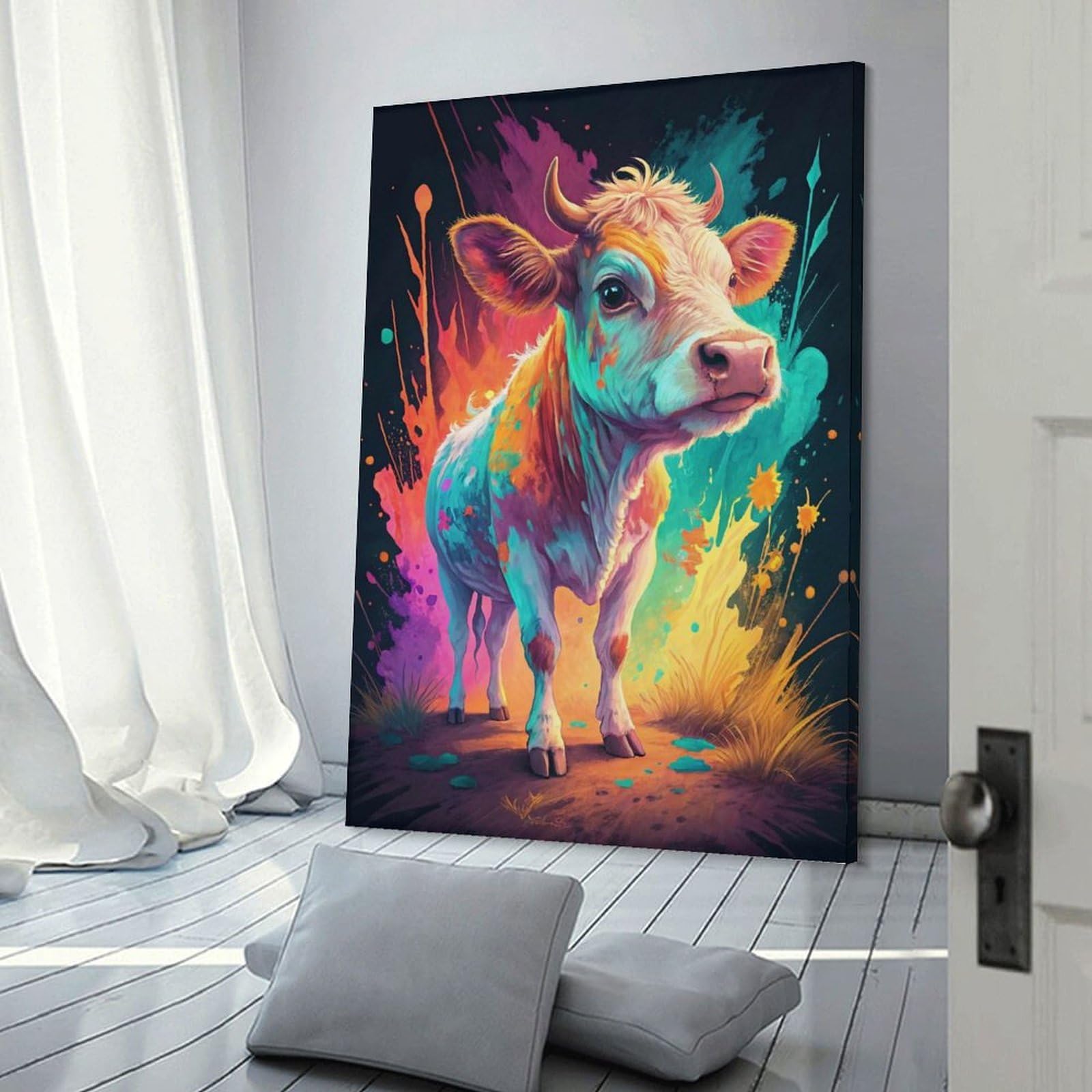 Junmoney Frame-Style-15 Wall Picture Print Colorful Cow With Splattered Paint, 24X36inch(60X90cm), For Small Homes, Bedrooms Or Open Spaces, An Easy Choice For New Home Styling