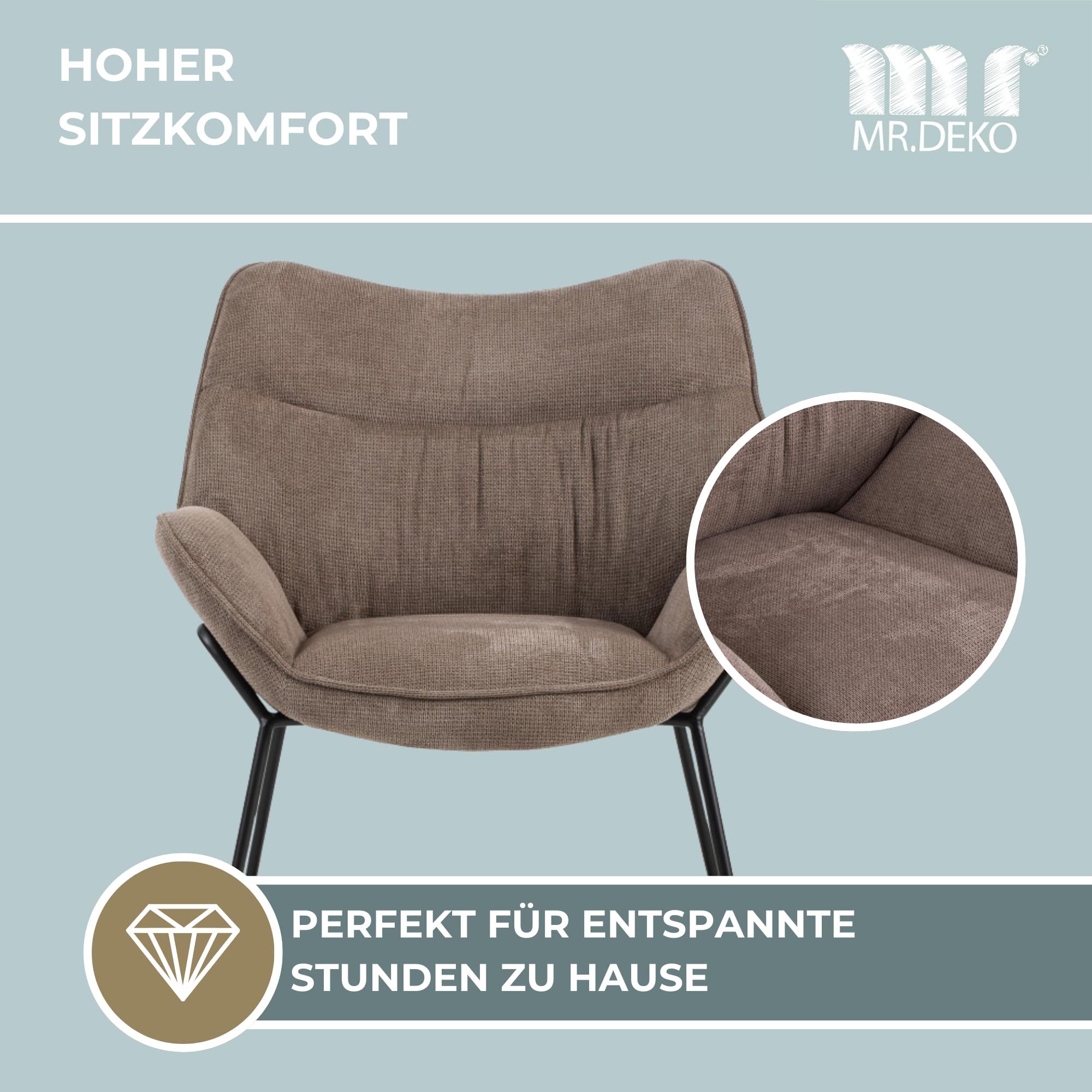 MR. DEKO® Loungesessel Aliano Braun I Bequemer Polstersessel aus Stoff I Moderner Wohnzimmer Sessel mit Armlehnen I HxBxT 76x73,5x67 cm