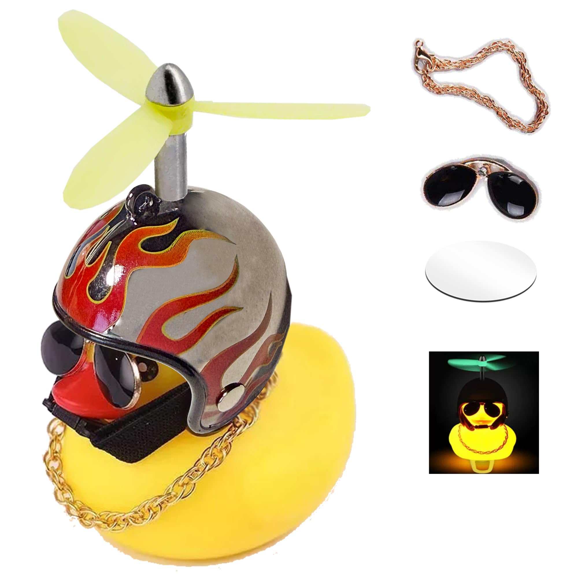ACEDOAMARE Duck Bike Bell, Cute Rubber Yellow Duck Bicycle Accessories LED Light Propeller Cool Flame Mirror Helmet Squeeze Horns for Cycling Motorcycle Handlebar Bicycle (Mirror black&Luminous fan)