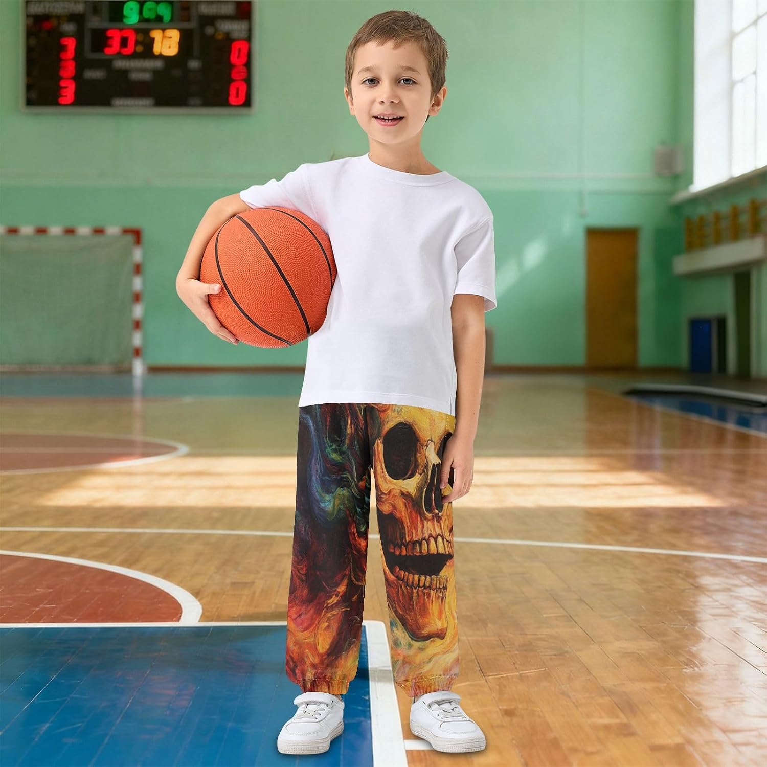 Boy Sweatpants Skull Colorful Flames Joggers Casual Athletic Pants Kids Elastic Waist Cuffed with Pockets