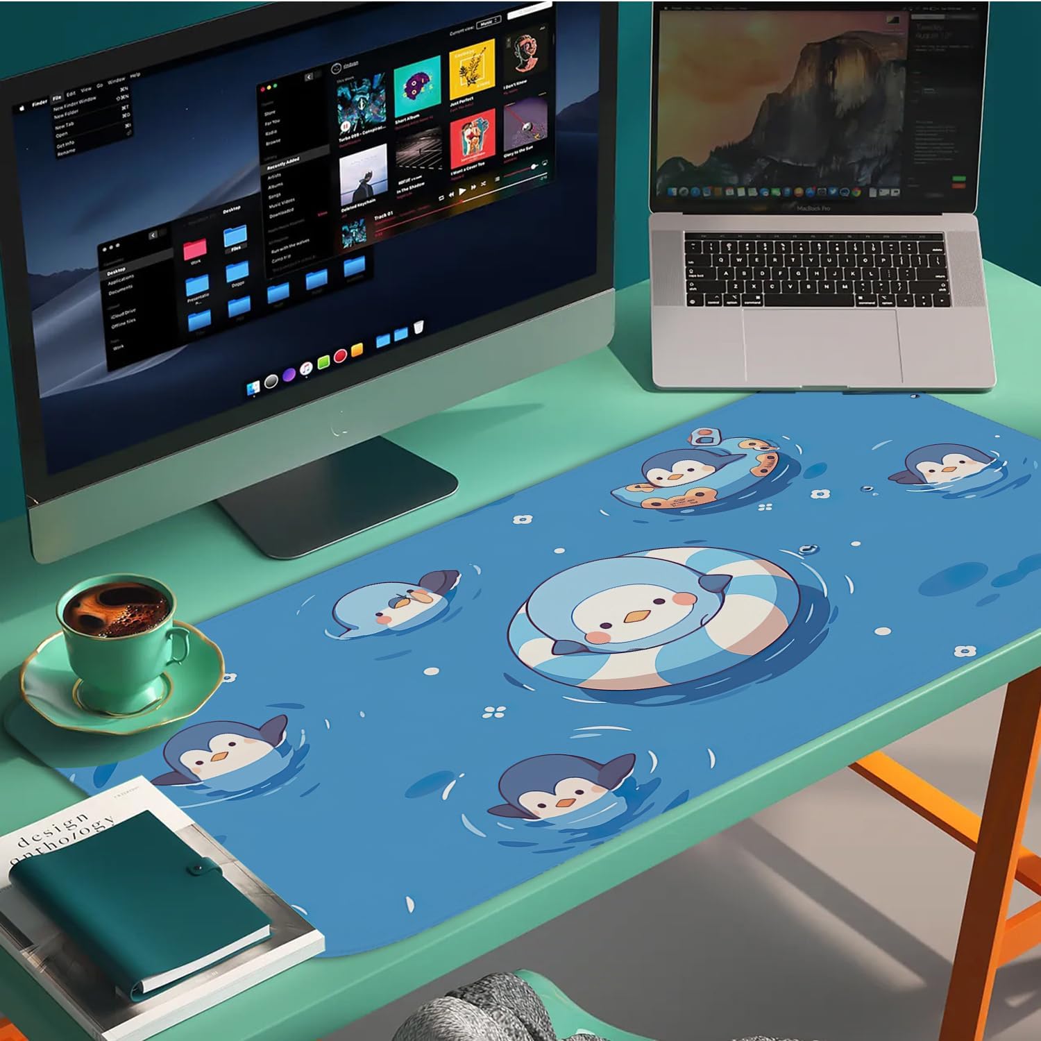 Blue Cute Anime Penguin Keyboard Pad,Non-Slip Gaming Mouse Pad,Large Size Stitched Edge Desk Pad for Office and Game X-Large(11.81"x31.49"x0.12") - Image 7