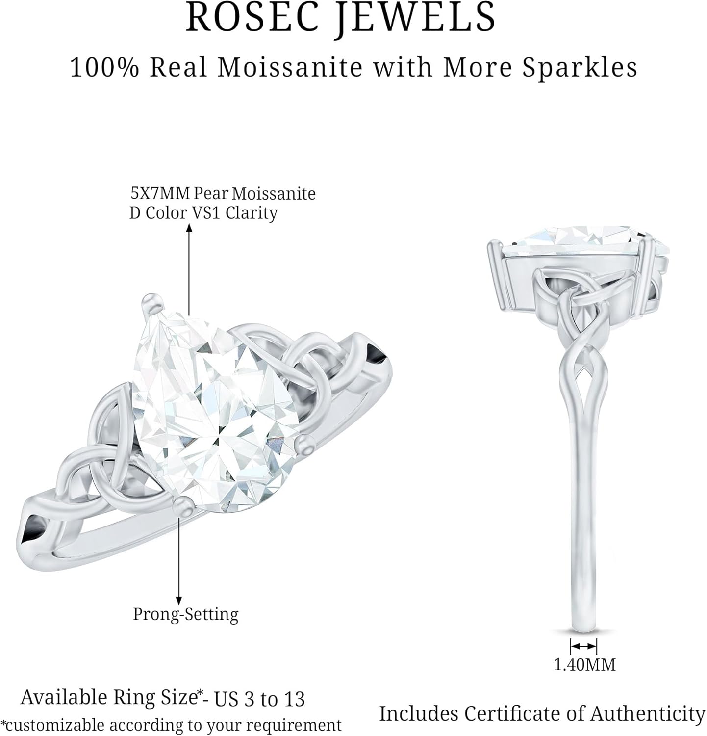 Certified 5X7mm Moissanite Pear Shape Engagement Ring For Her, D-Vs1 Quality, Moissanite Celtic Ring - Gift Box Included