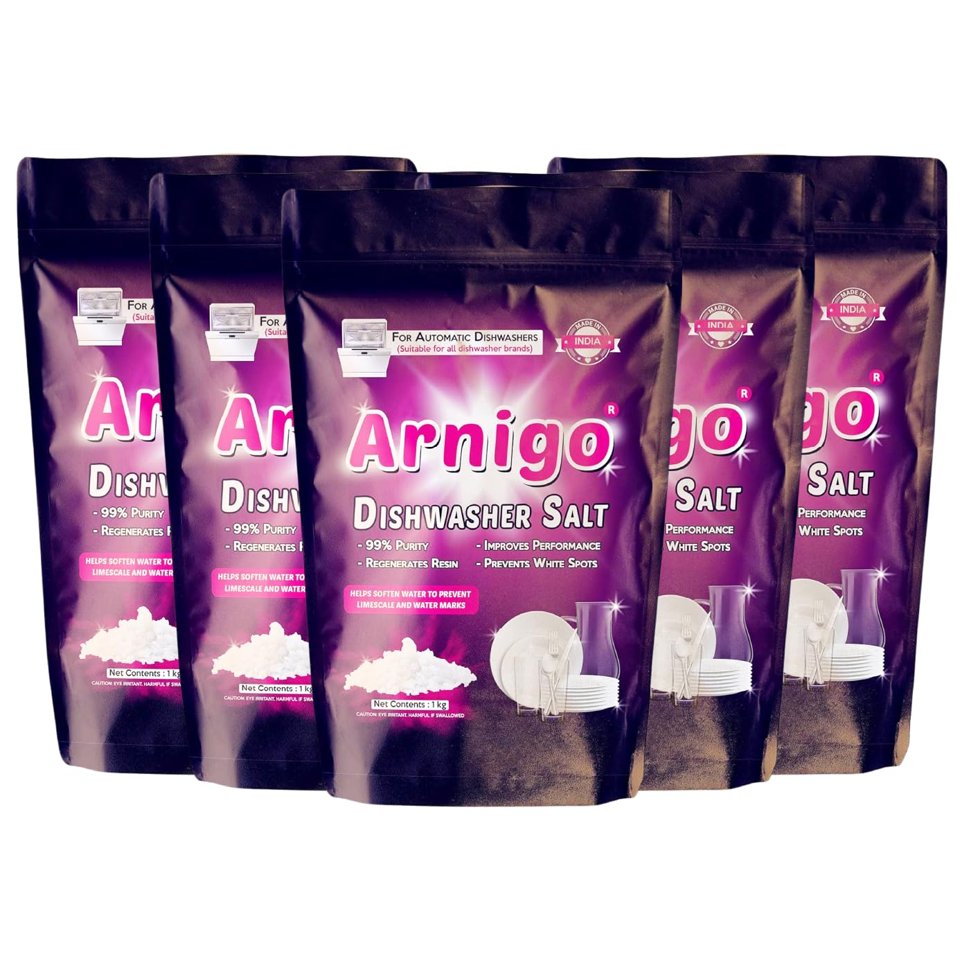 Arnigo Dishwasher Salt 5kg for All Brands Dishwasher, Prevents White Spots, Regerates Resin, Improves Performance, Removes Water Hardness, Enhances Cleaning Quality Of Detergent- (1kg - Pack of 5)