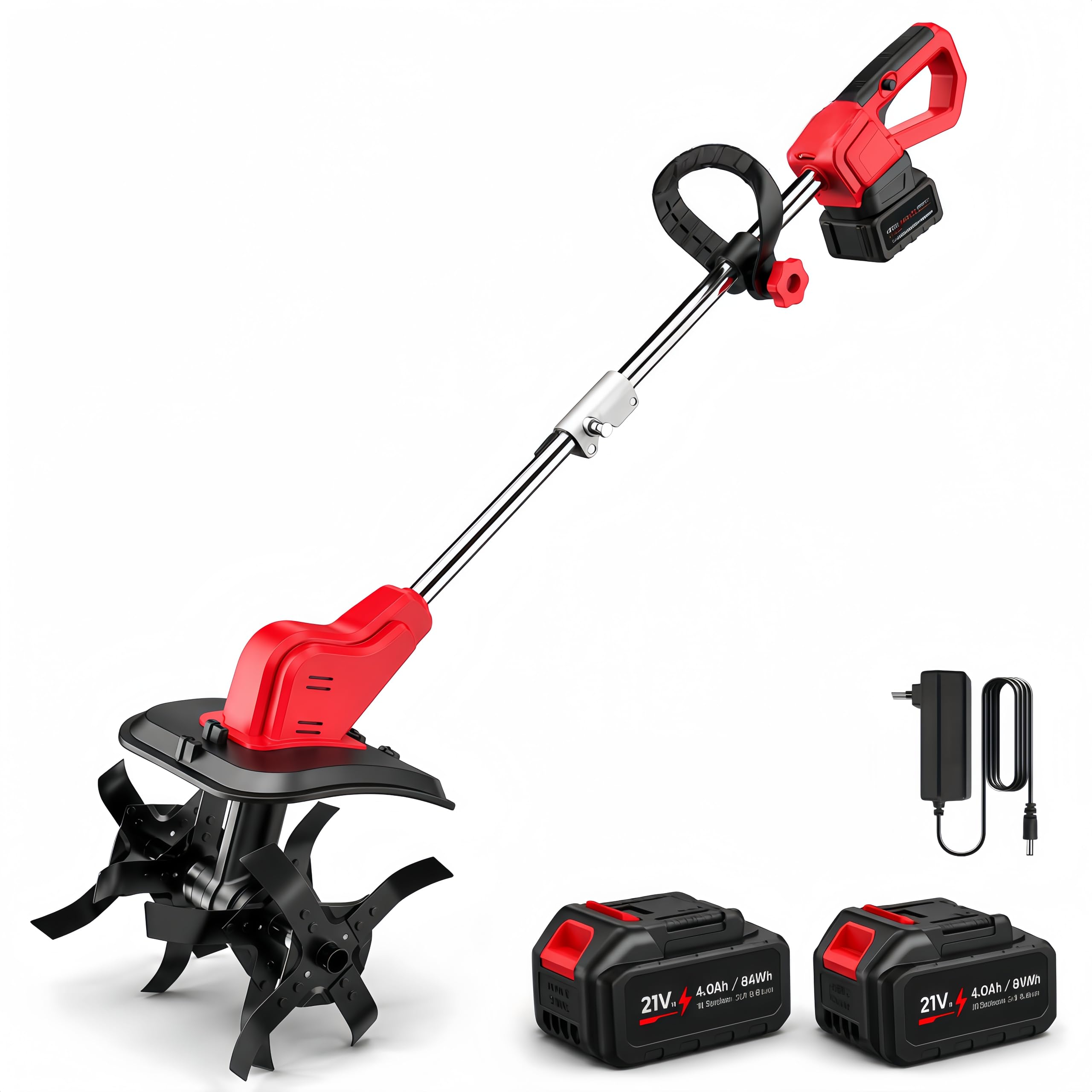 Motoazada Electrica 500W,Motoazada Batería Inalámbrica con 2 baterías,Doble Rueda y 4 Cuchillas Ancho de Trabajo de 30 cm Profundidad de 22 cm Indicador de Carga Cultivador de Jardín
