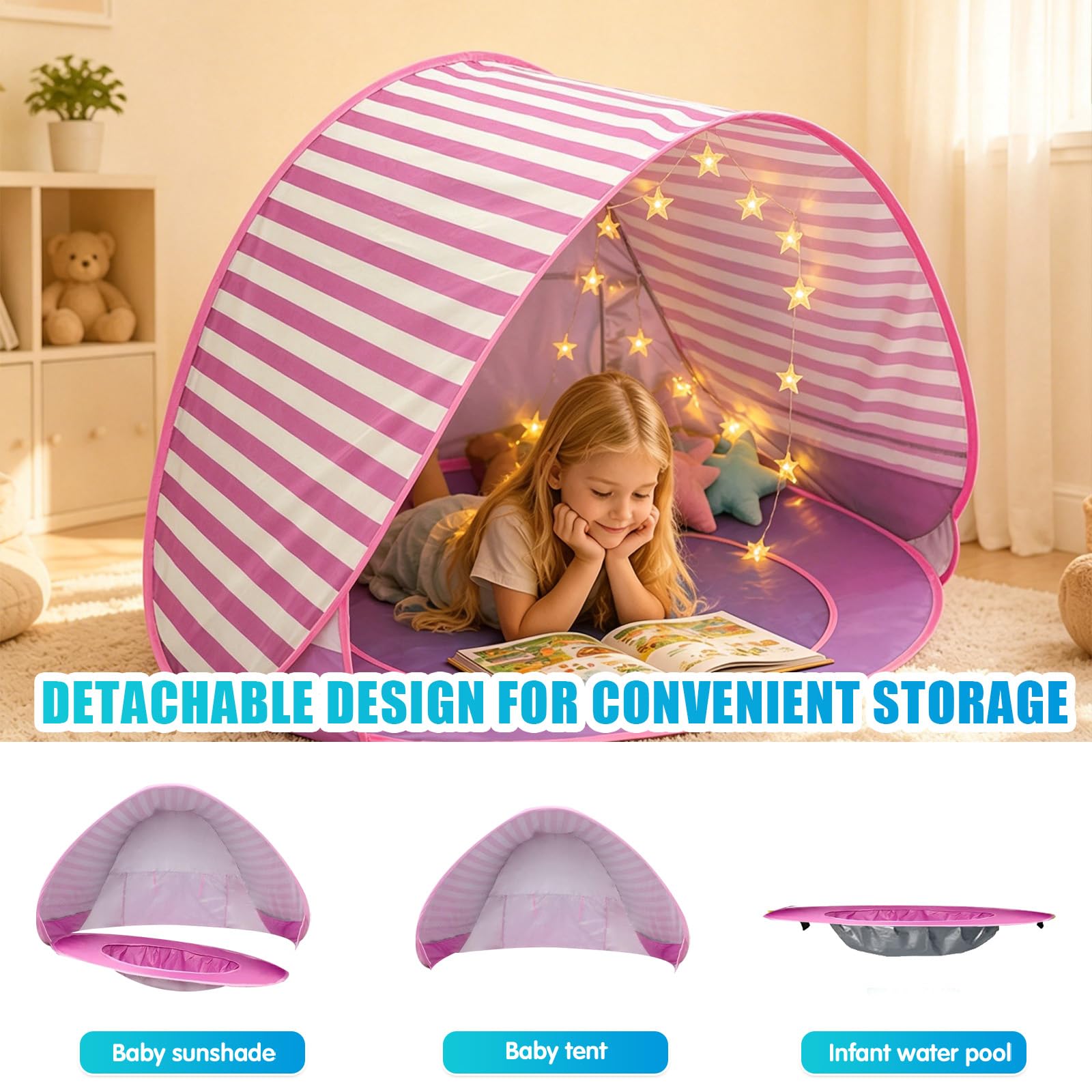 Tienda de campaña para la playa para bebés con piscina, tienda de campaña portátil con minipiscina separable, protección UV, ideal para playa, jardín y camping (rayas rosas)