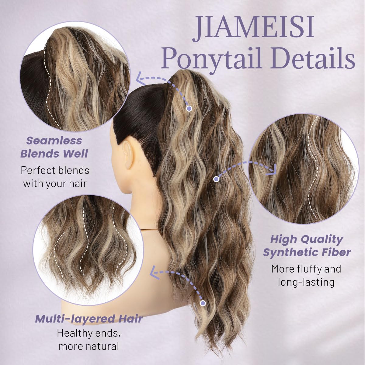 JIAMEISI Ponytail Extension 18 Inch Claw Clip Ponytail Hair Extensions Long Curly Wavy Highlight Clip in Pony Tails Extension Synthetic Fluffy Hairpiece for Women (Chestnut Brown Mixed Ash Blonde) - Image 3