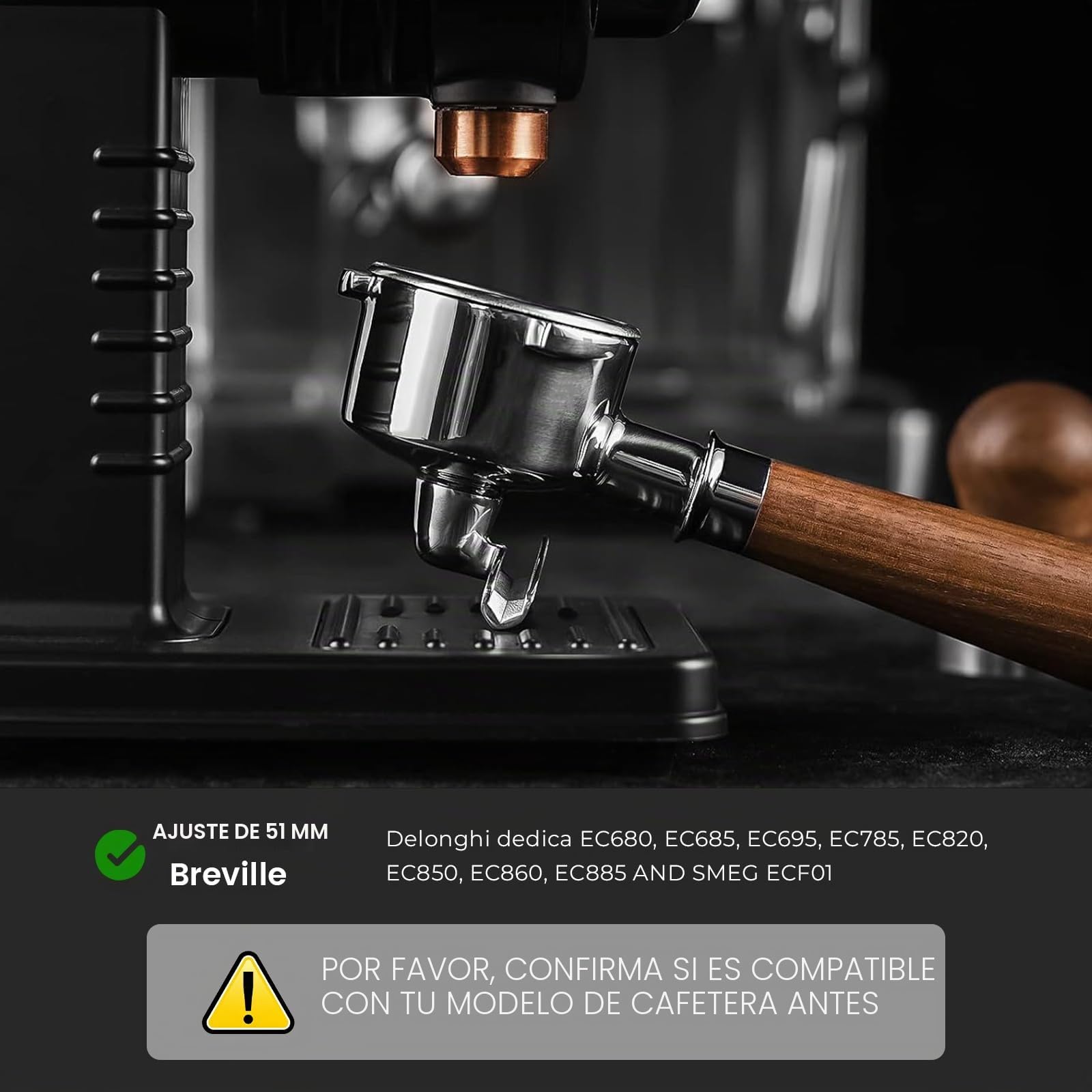 Portafiltro 51mm, Portafiltro 3 Orejas Doble Caño Compatible | con Delonghi Dedica EC680/EC685/EC785/EC820/EC850/EC860, Portafiltro de Acero Inoxidable