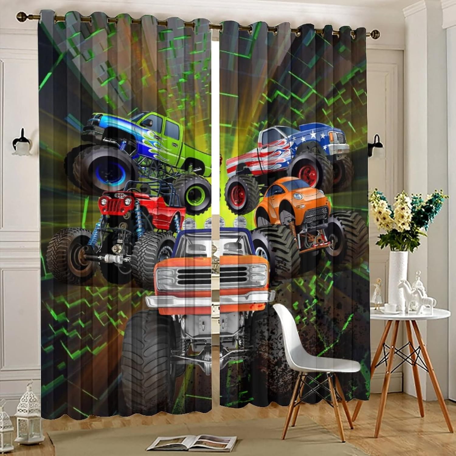 Cool Cartoon Monster Truck Ultra Soft Premier Blackout Curtains,Kids Boys Shabby Monster Trucks PrintThermal Insulated Bedroom Noise Reducing Patio Door Grommet Top,2 Panels 63L x 21W