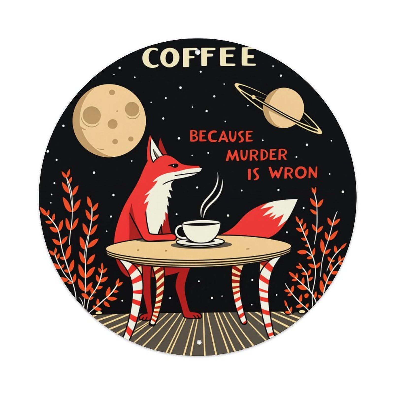 Fox Coffee Moon Planet Stars Metal Tin Sign Vintage Garden Bedroom Cafe Bar Man Cave Home Wall Decor Metal Poster 8x8 inches