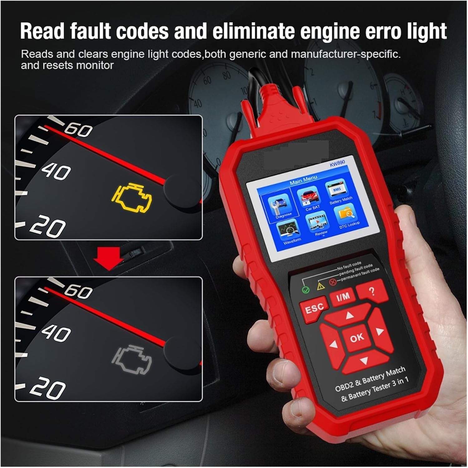 OBD2 スキャナー診断ツール - エンジンライトコードスキャナーツール、リセット、DTC、データストリーム、I/M準備、車& KONNWEI  OBD2スキャナーフルシステムカーコードリーダーエンジンアナライザーABS SRS EPB/スロットルオイルリセット オイルリセットバッテリーテスター OBD2 診断スキャナツール 3 In 1 EOBD エンジンチェックコードリーダー診断ツール 使