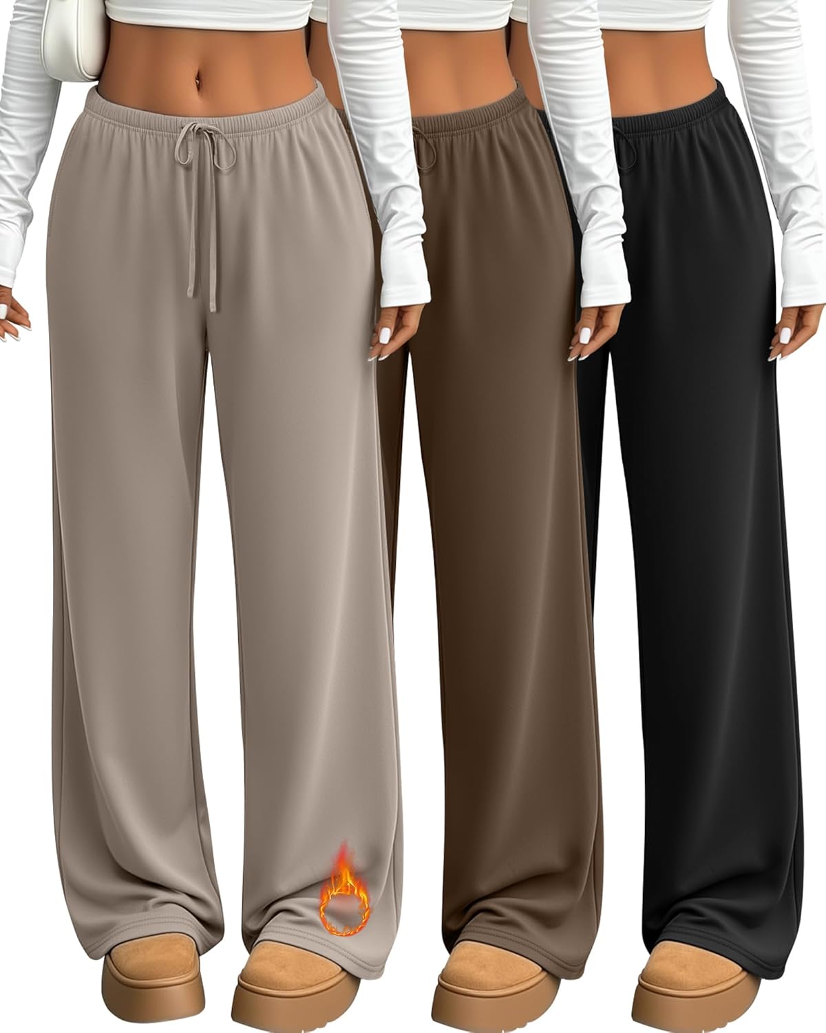 Yearntown 3 Pack Women's Fleece Lined Sweatpants Wide Leg Lounge Thermal Pants Baggy Drawstring Warm Joggers with Pockets