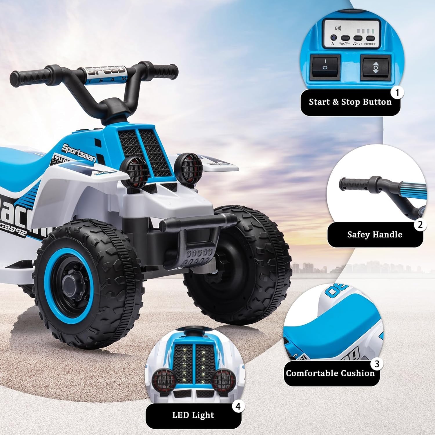 6V Elektro-Quad Kinderfahrzeug mit LED, Musik & Hupe – 1,8 km/h – Vorwärts-/Rückwärtsgang – EIN-Knopf-Start – Lange Akkulaufzeit – Für Kinder ab 3 Jahren – Indoor & Outdoor – Farbe: