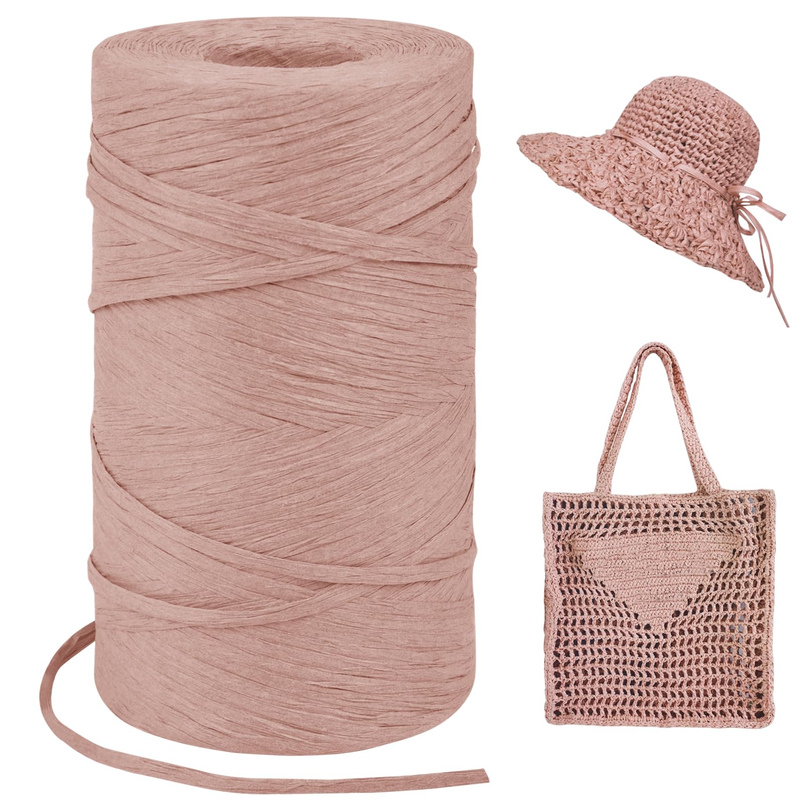 LEREATI Champagne Raffia Yarn for Crochet Bags, 3mm x 300m Flat String Raffia Ribbon for Gift Wrapping, Raffia Paper Ribbon Yarn for Crocheting Sun Hat, Bag, DIY Crafts, Holiday Decoration
