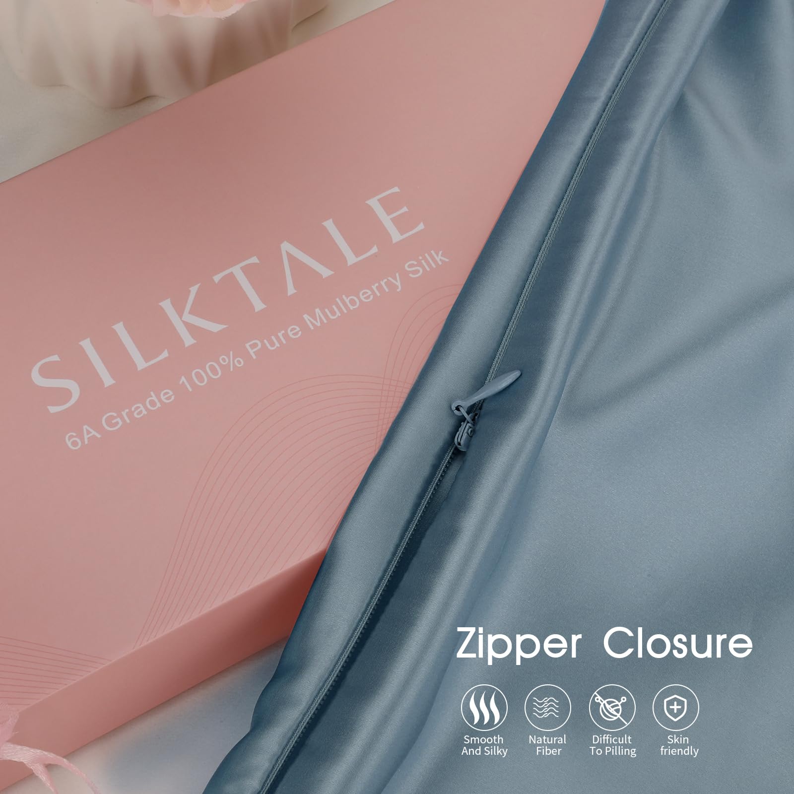SILKTALE 19 Momme 100% Mulberry Silk Pillowcase for Hair and Skin,Pure Silk Pillow Case with Hidden Zipper,1pc,Ash Blue,Standard Size 50 x 65 cm - Image 2