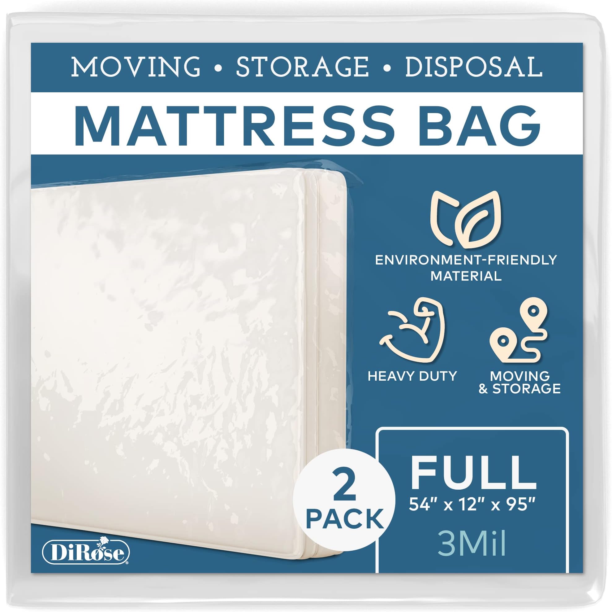 Mattress Storage Bag - 2pk Full Size Thick Plastic Moving Cover, Transport, Disposal and Protector - 3 mil Heavy Duty Reusable Clear Waterproof Mattress Protector Encasement by DiRose…