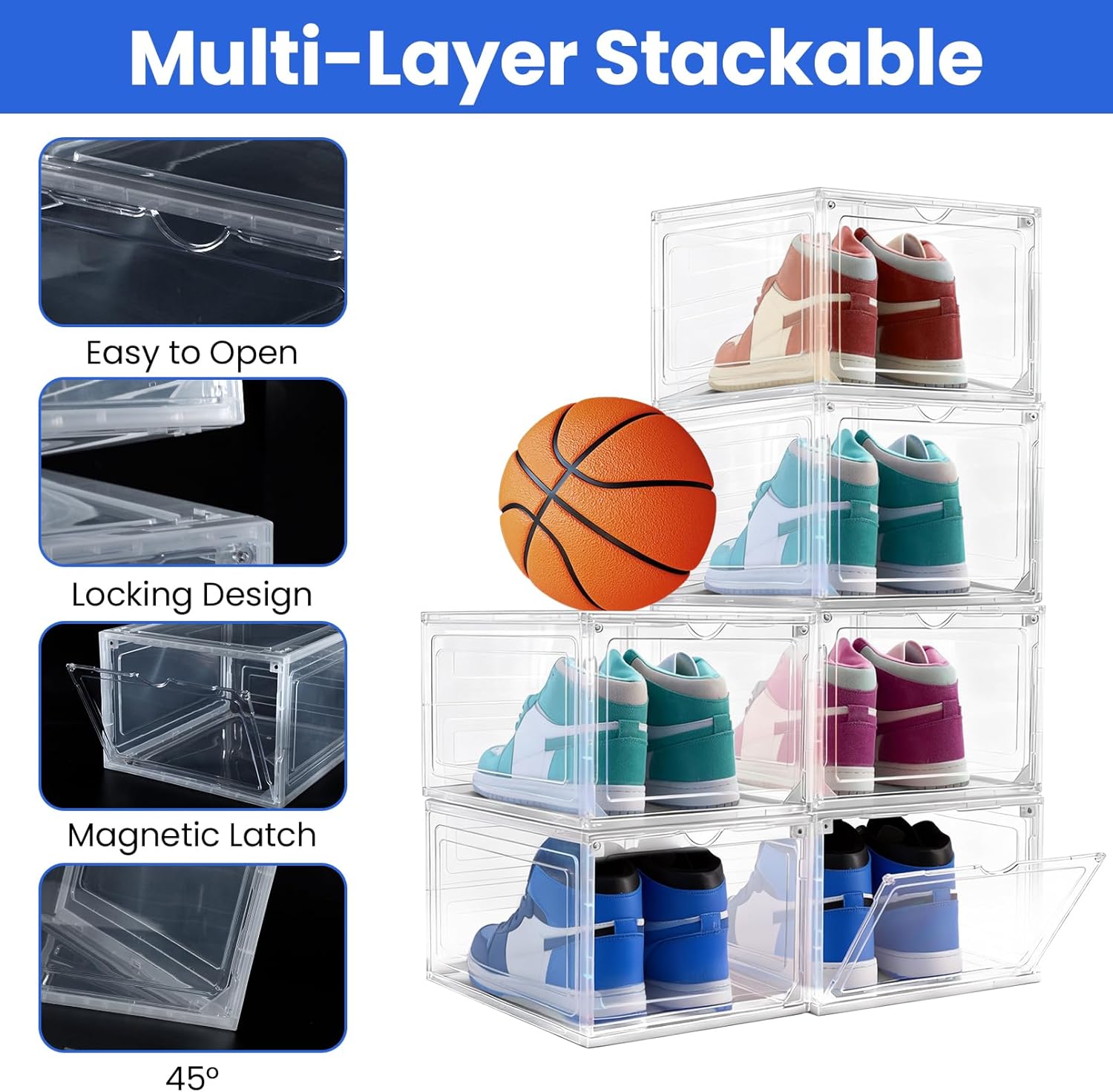6Pack Shoe Storage Boxes, Shoe Boxes Clear Plastic Stackable, Shoes Storage Organizer with Magnetic Door, Thicken & Sturdy Shoes Organizer for Closet Sneaker Boot Container, 13.4x10.5x7.3 inch